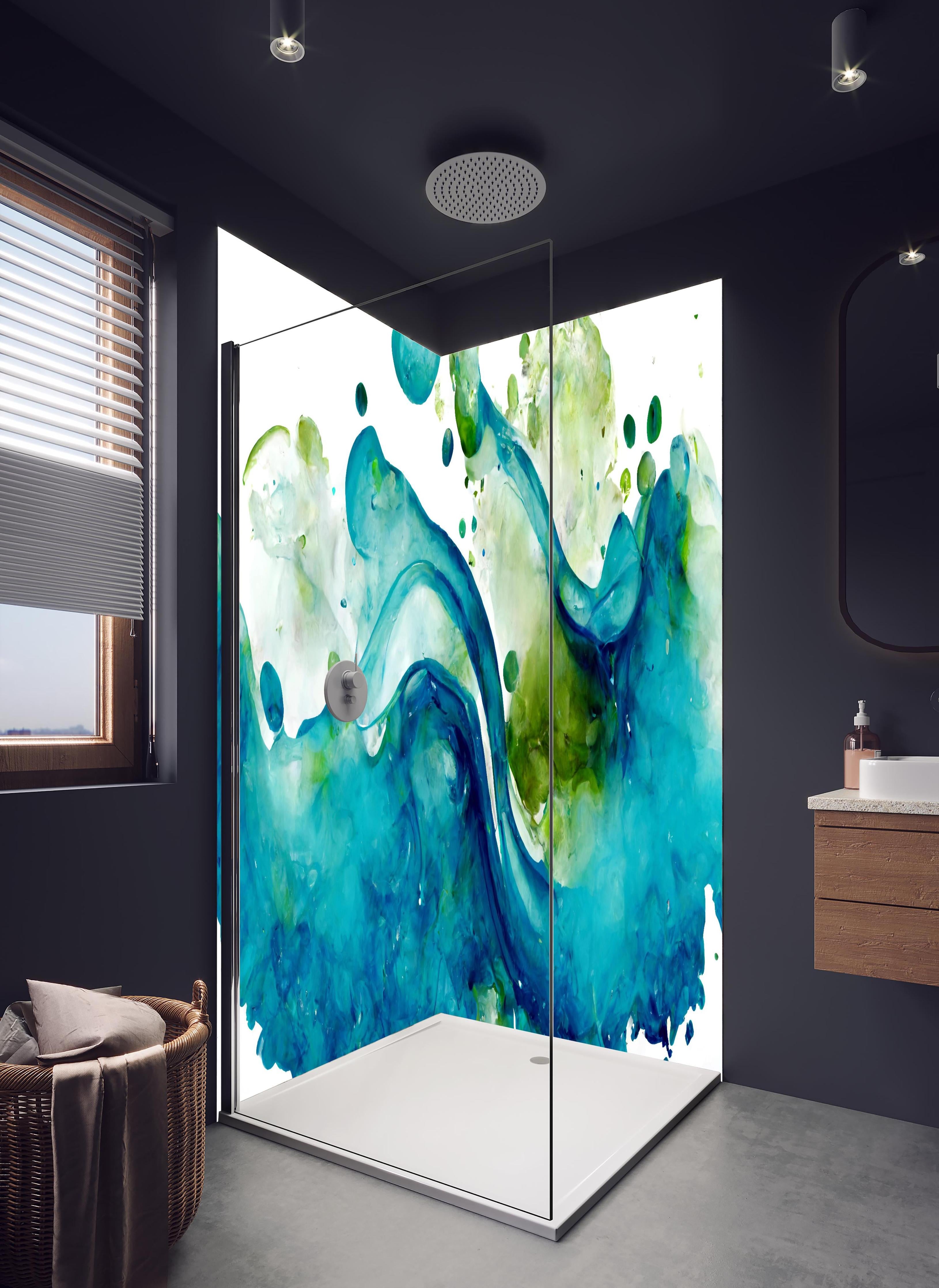 Duschrückwand - Wassertropfen - Kunstmalerei in hellem Badezimmer mit Regenduschkopf - zweiteilige Eck-Duschrückwand