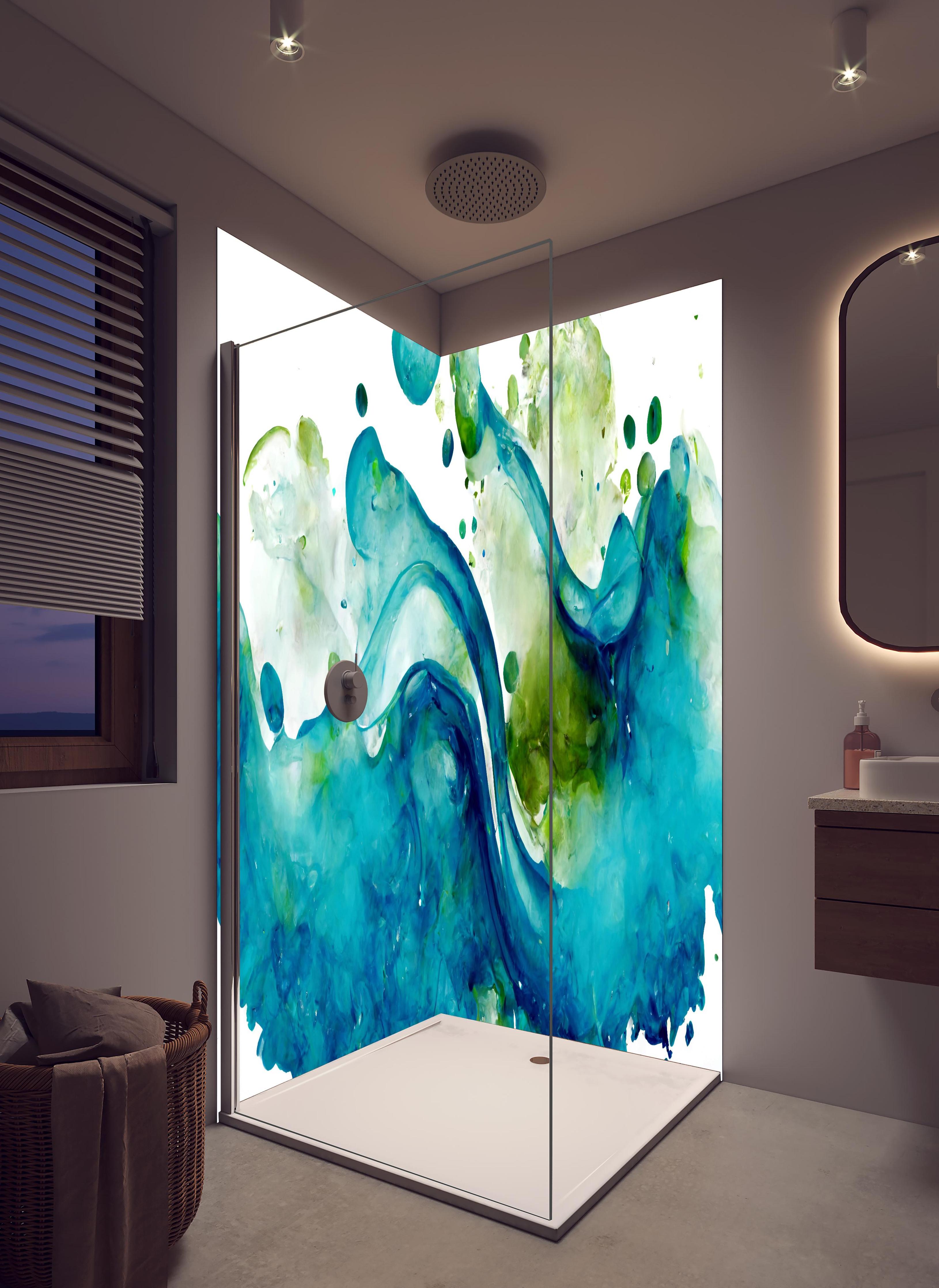 Duschrückwand - Wassertropfen - Kunstmalerei in hellem Badezimmer mit Regenduschkopf - zweiteilige Eck-Duschrückwand