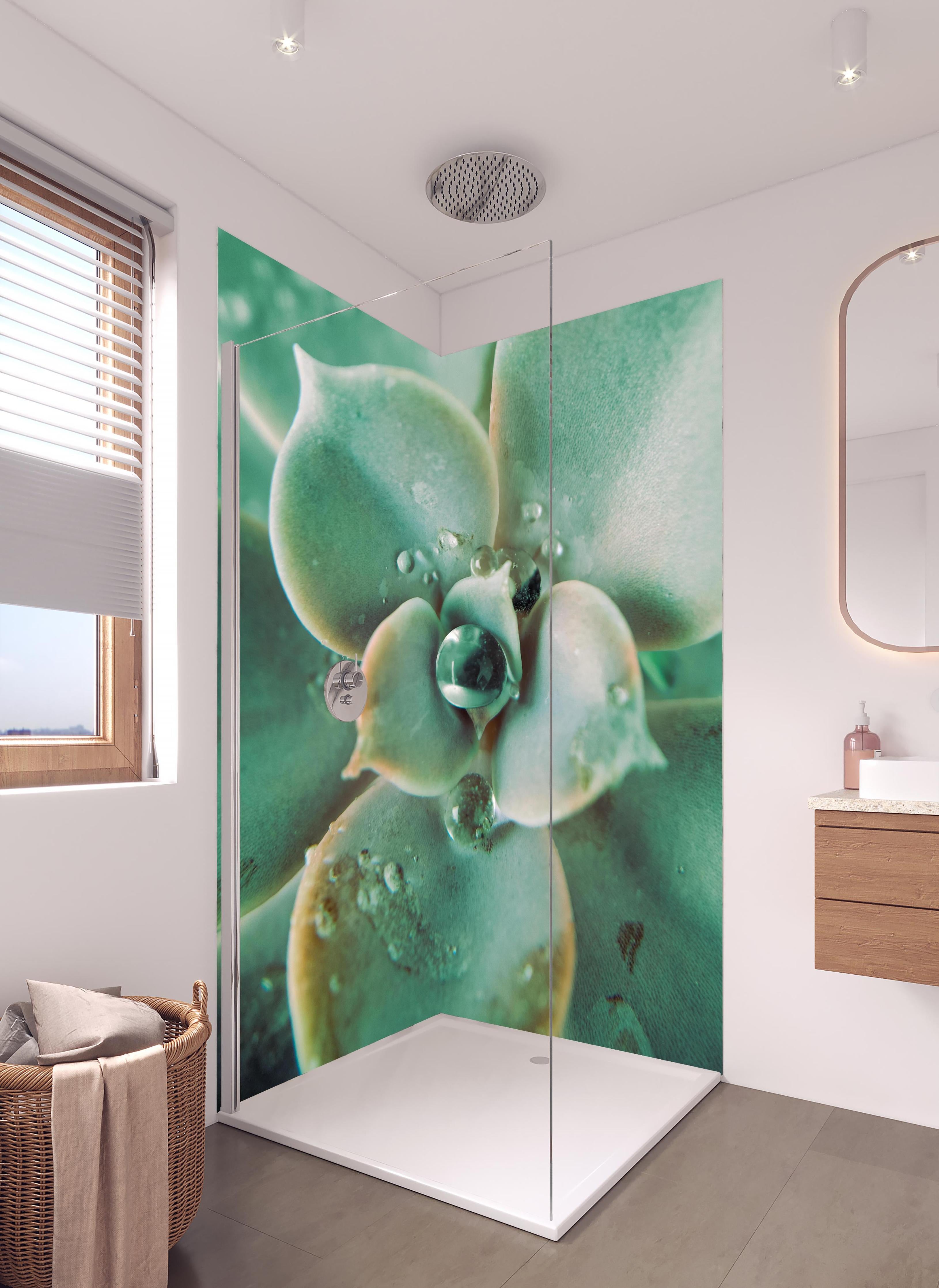 Duschrückwand - Wassertropfen - Sukkulente in hellem Badezimmer mit Regenduschkopf - zweiteilige Eck-Duschrückwand