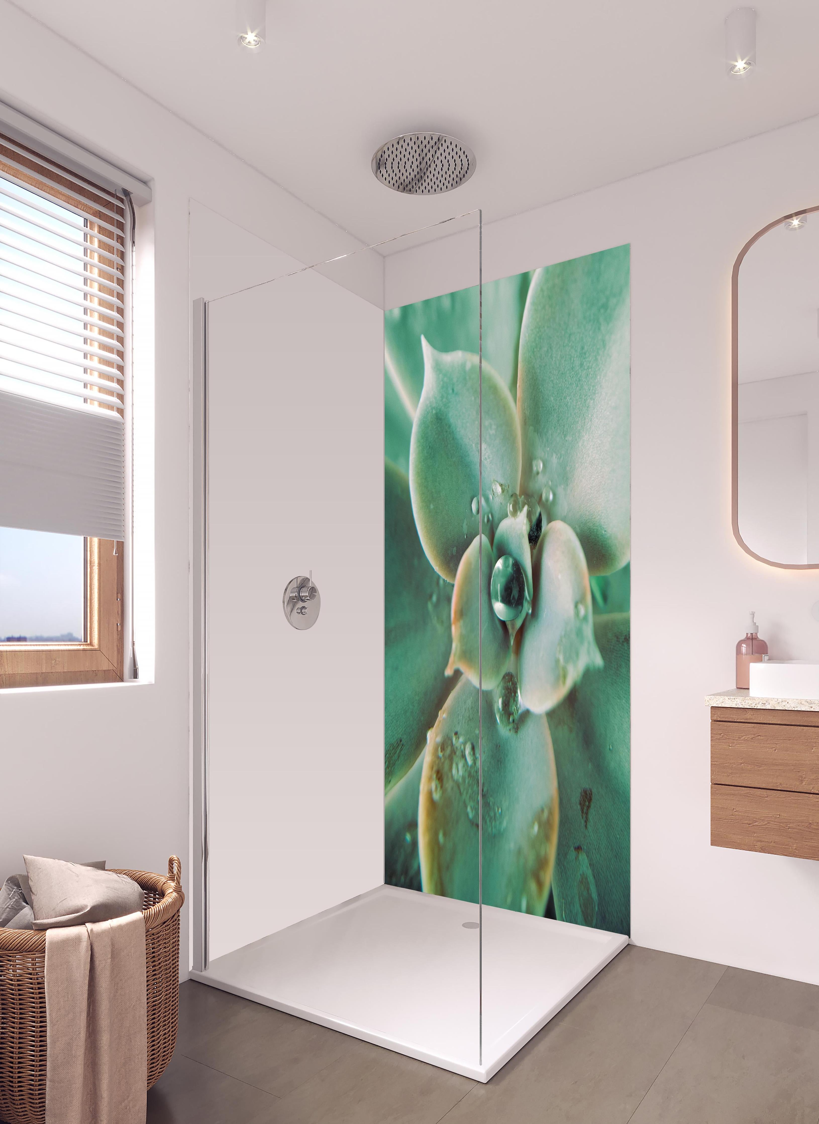 Duschrückwand - Wassertropfen - Sukkulente in hellem Badezimmer mit Regenduschkopf - zweiteilige Eck-Duschrückwand