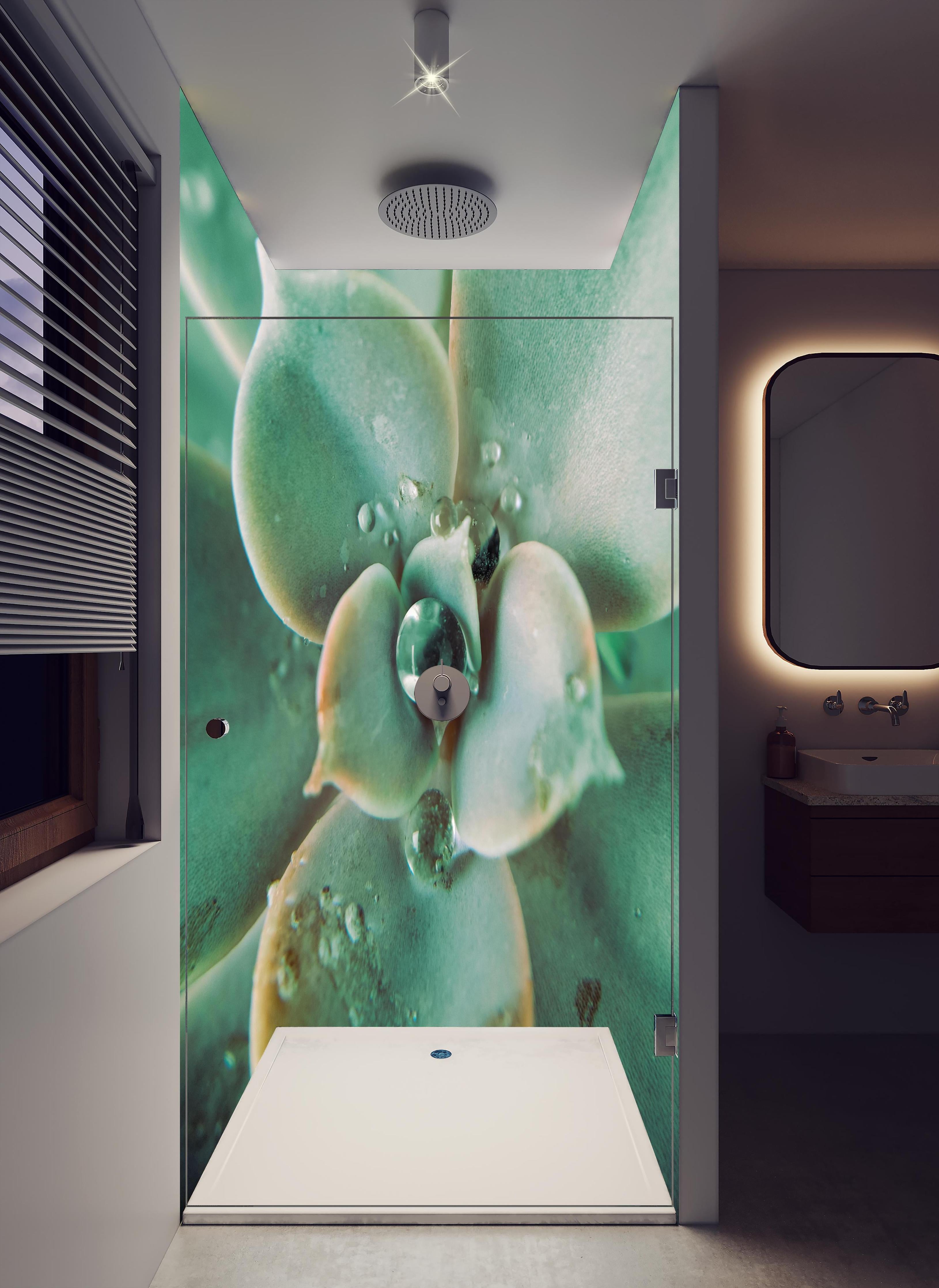 Duschrückwand - Wassertropfen - Sukkulente in hellem Badezimmer mit Regenduschkopf - zweiteilige Eck-Duschrückwand