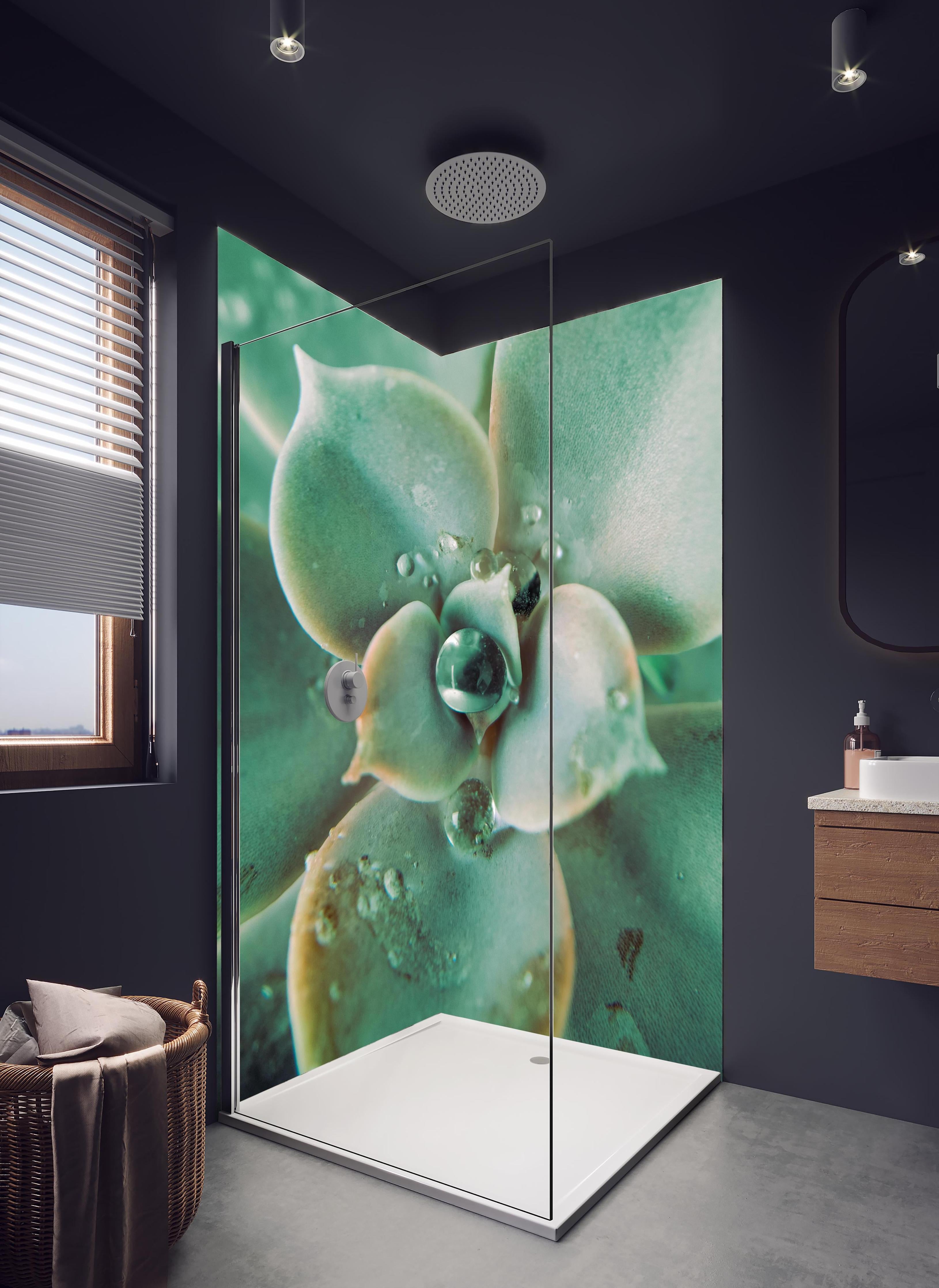 Duschrückwand - Wassertropfen - Sukkulente in hellem Badezimmer mit Regenduschkopf - zweiteilige Eck-Duschrückwand
