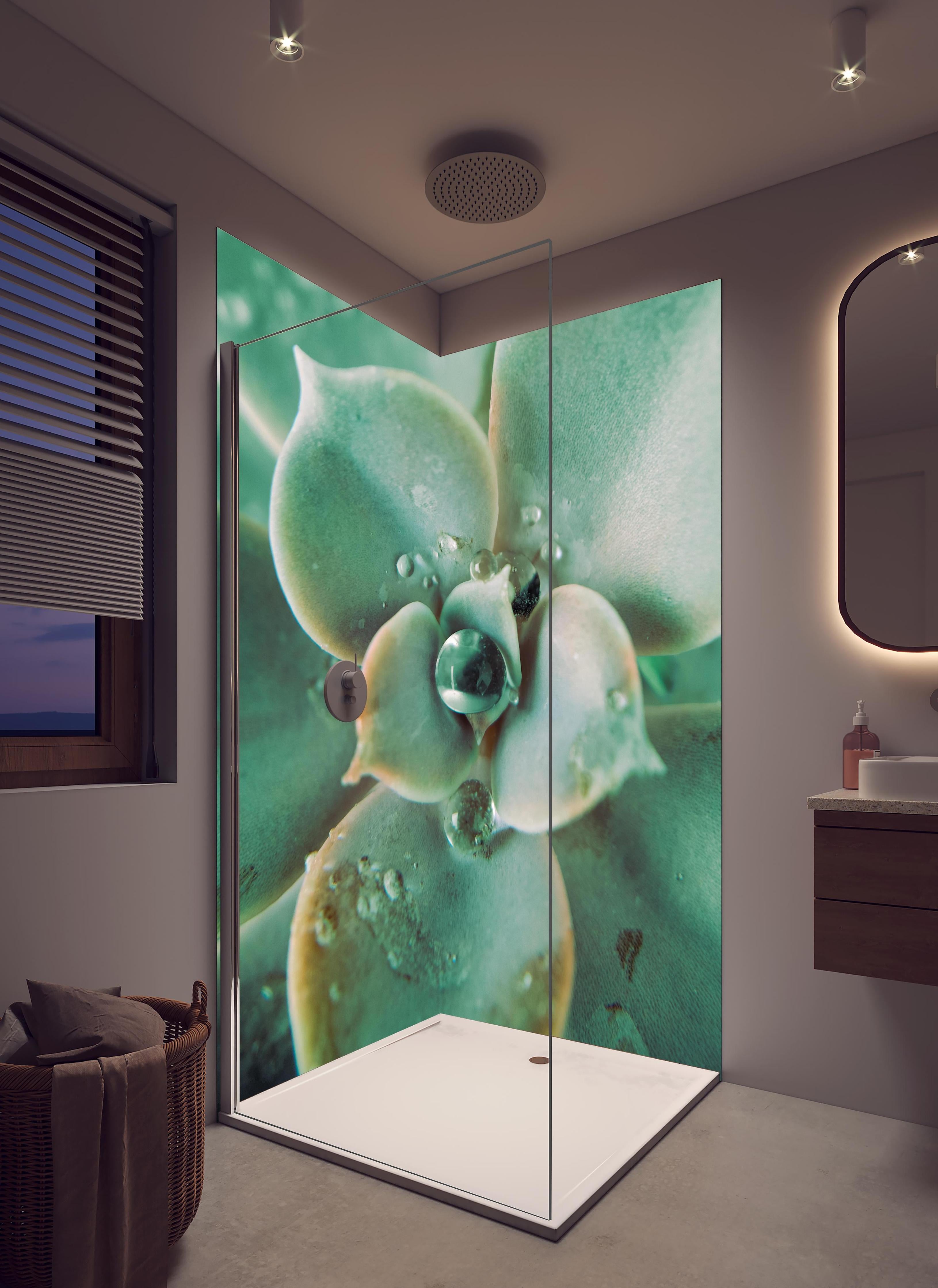 Duschrückwand - Wassertropfen - Sukkulente in hellem Badezimmer mit Regenduschkopf - zweiteilige Eck-Duschrückwand