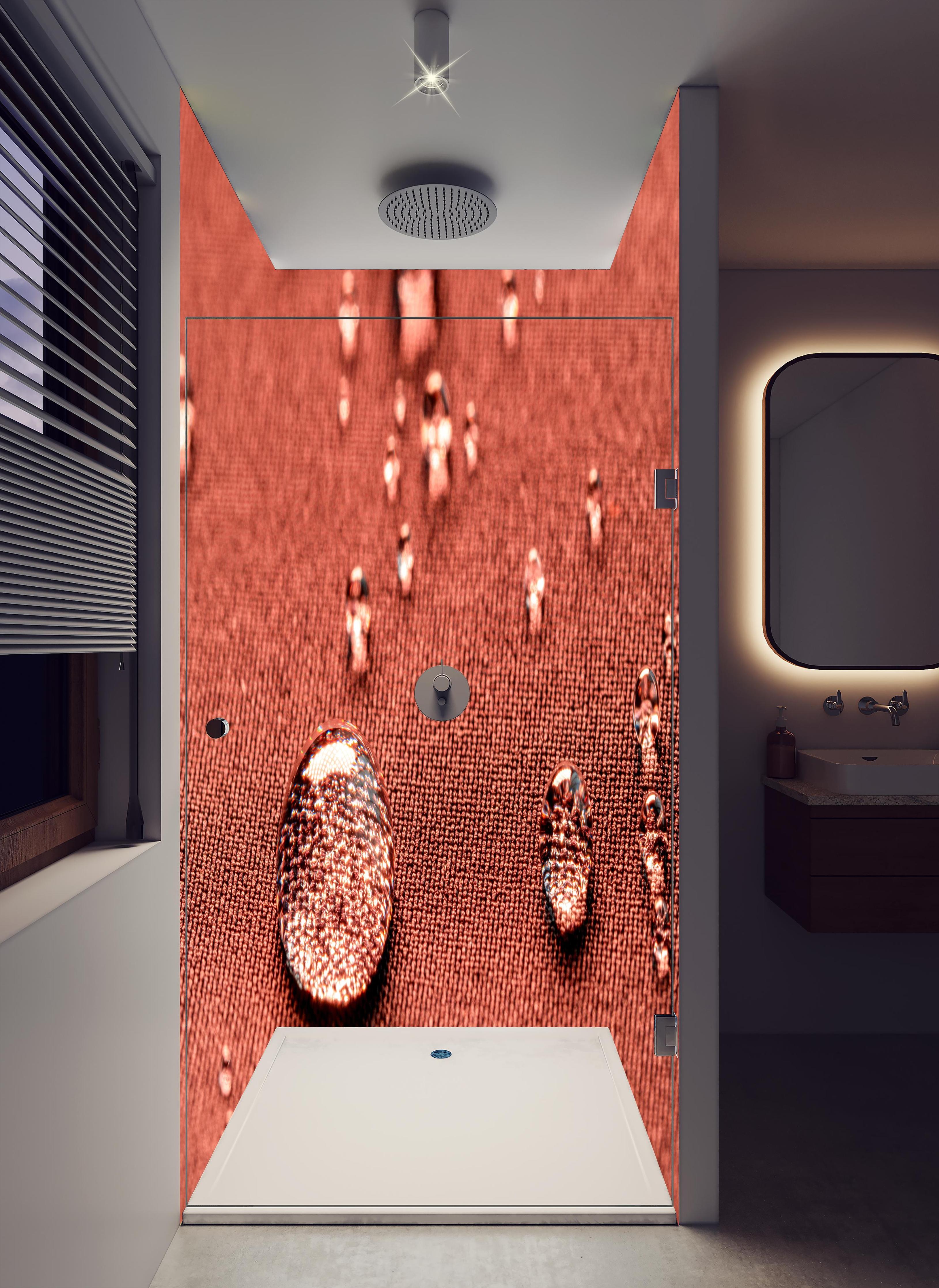 Duschrückwand - Wassertropfen auf rotem Stoff in hellem Badezimmer mit Regenduschkopf - zweiteilige Eck-Duschrückwand