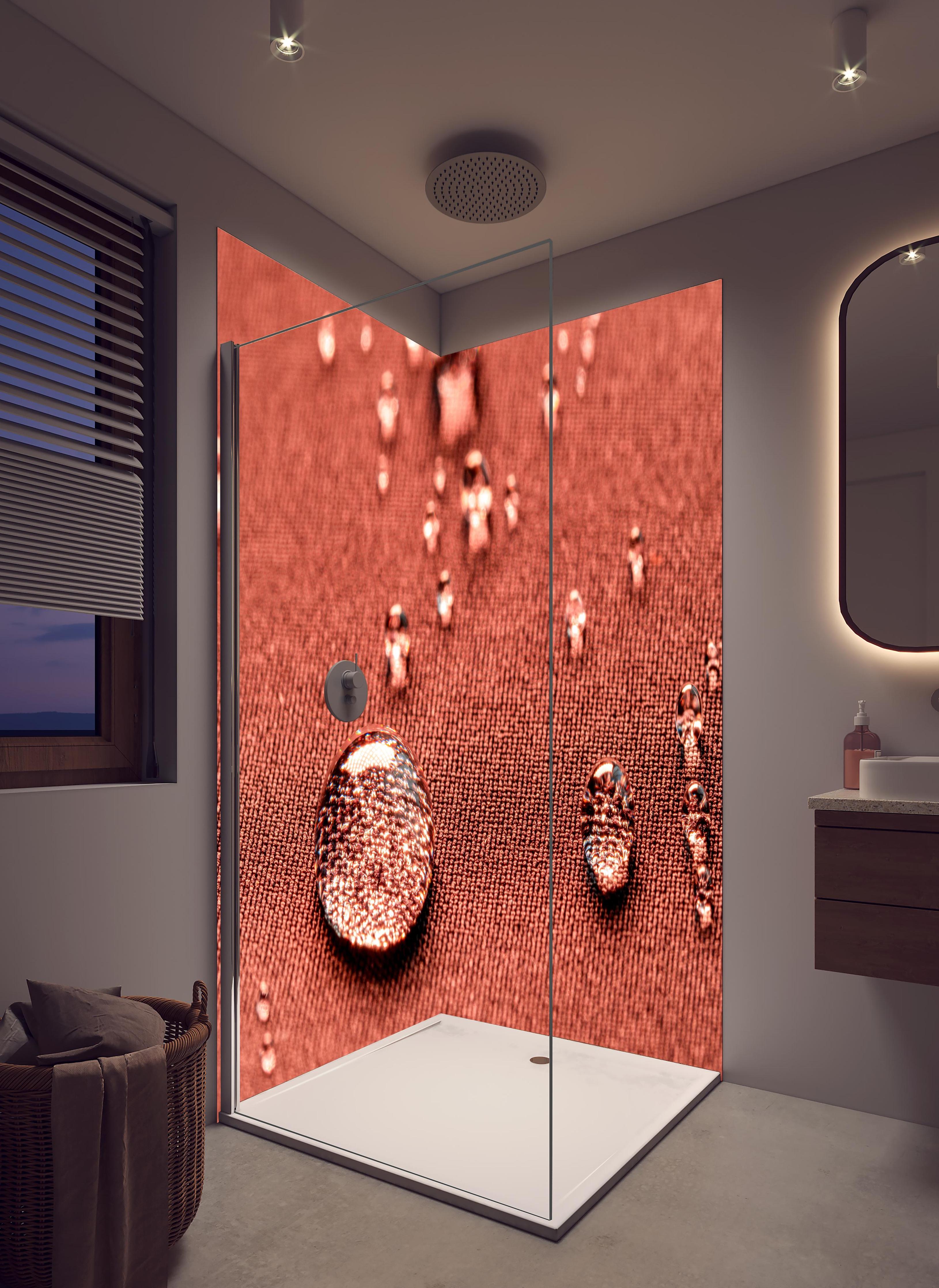 Duschrückwand - Wassertropfen auf rotem Stoff in hellem Badezimmer mit Regenduschkopf - zweiteilige Eck-Duschrückwand