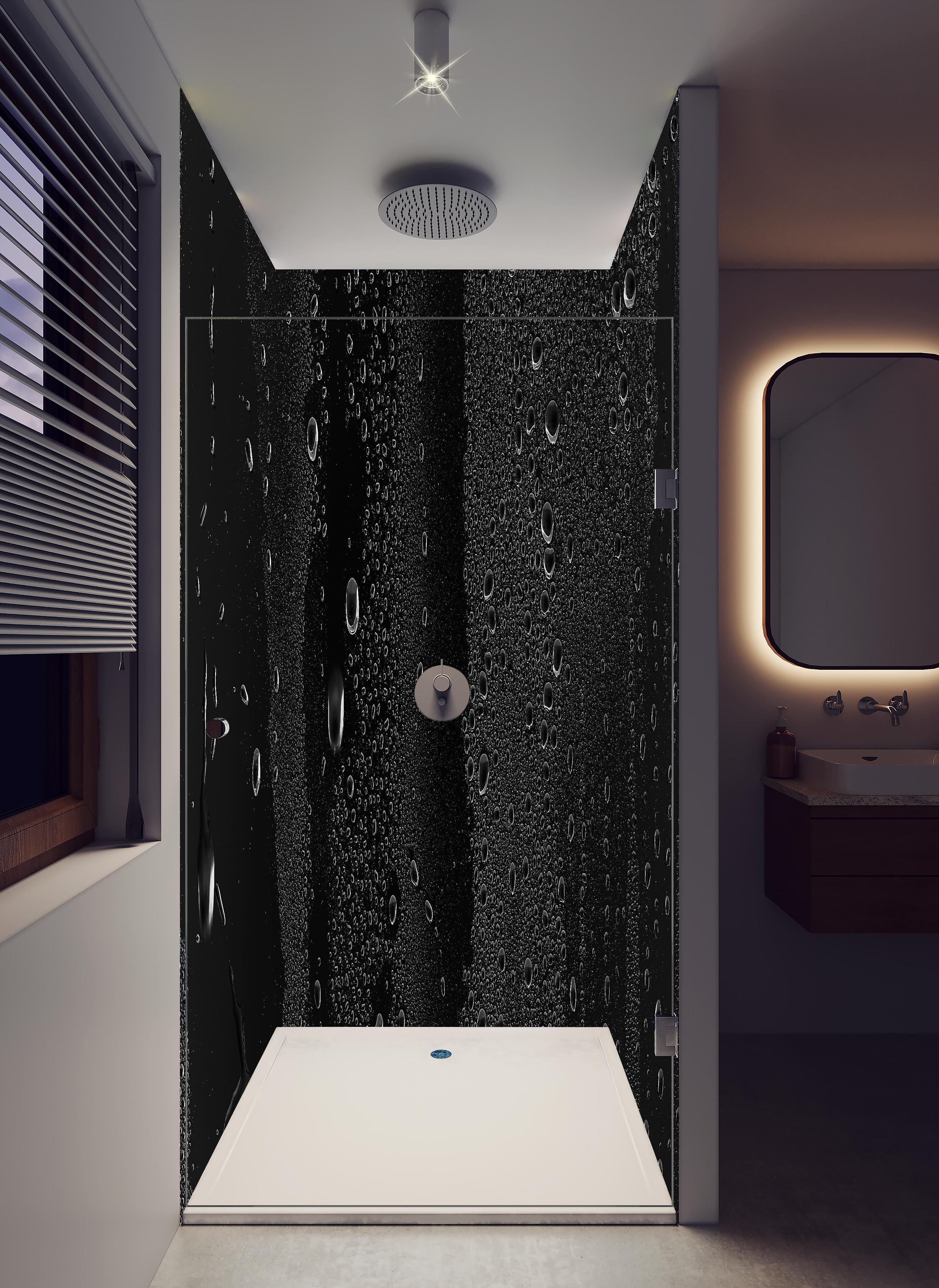 Duschrückwand - Wassertropfen auf schwarzem Glas in hellem Badezimmer mit Regenduschkopf - zweiteilige Eck-Duschrückwand
