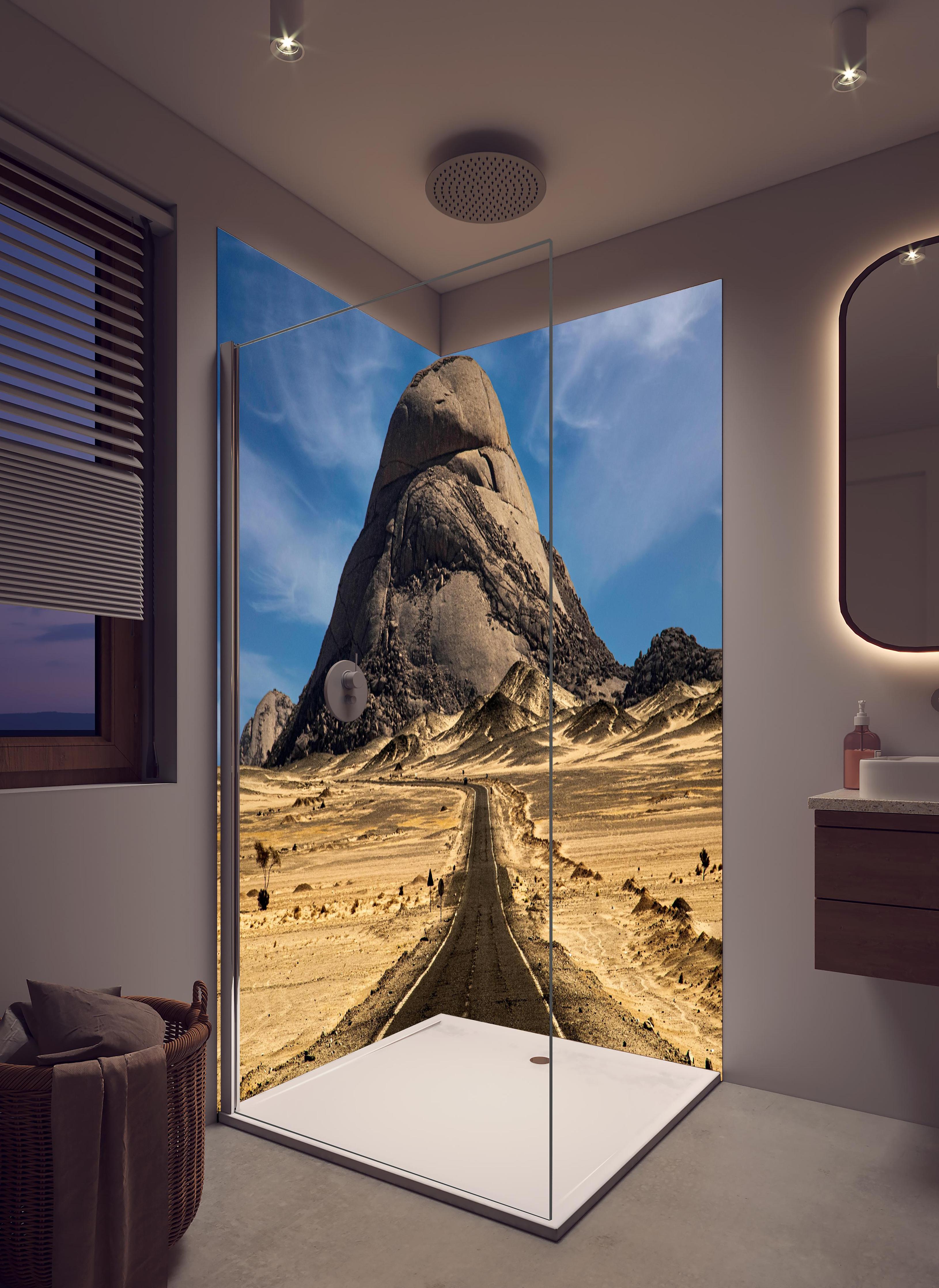 Duschrückwand - Weg durch Wüstenlandschaft zum Berg in hellem Badezimmer mit Regenduschkopf - zweiteilige Eck-Duschrückwand