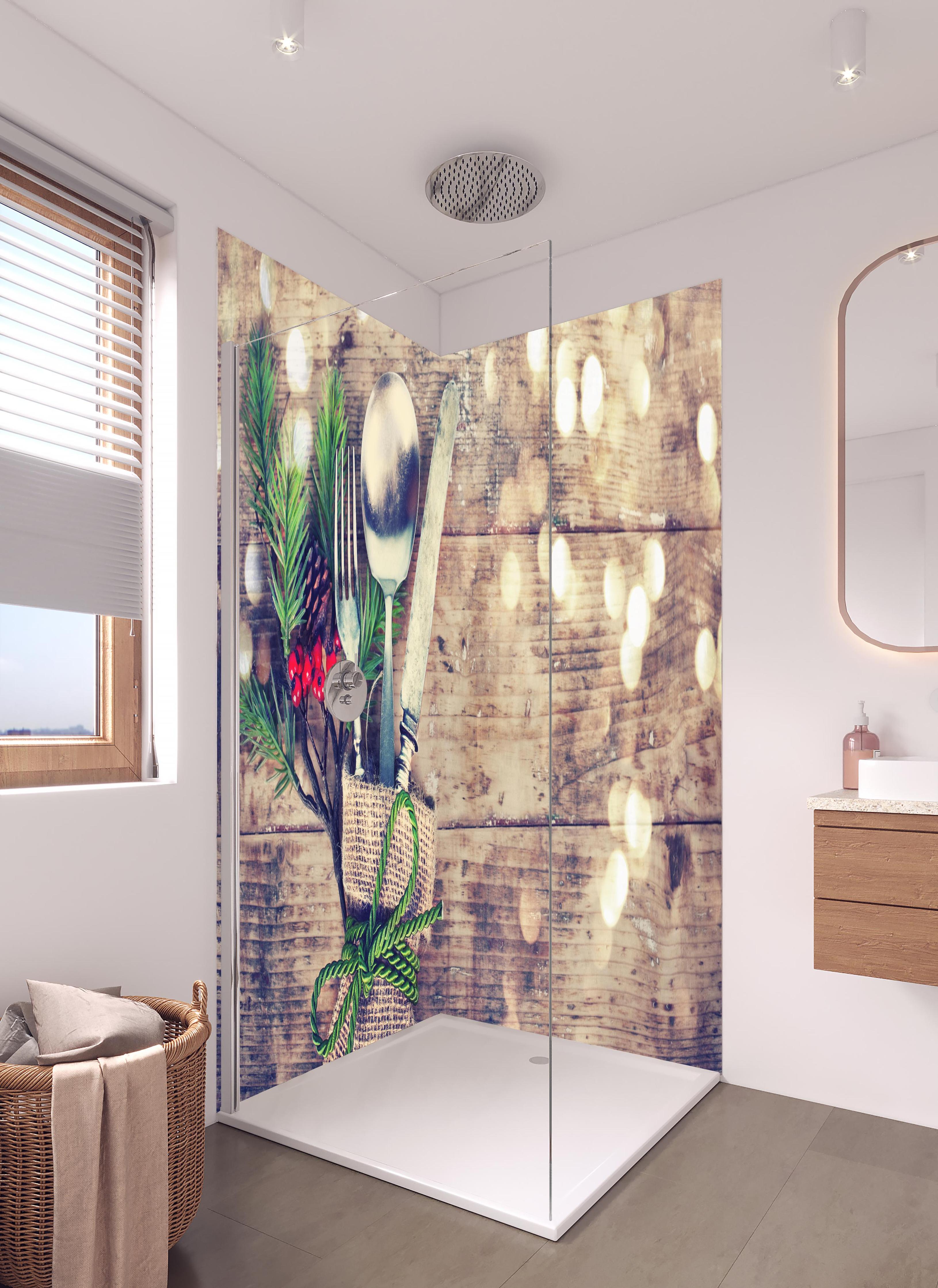 Duschrückwand - Weihnachtlich angerichtetes Besteck in hellem Badezimmer mit Regenduschkopf - zweiteilige Eck-Duschrückwand