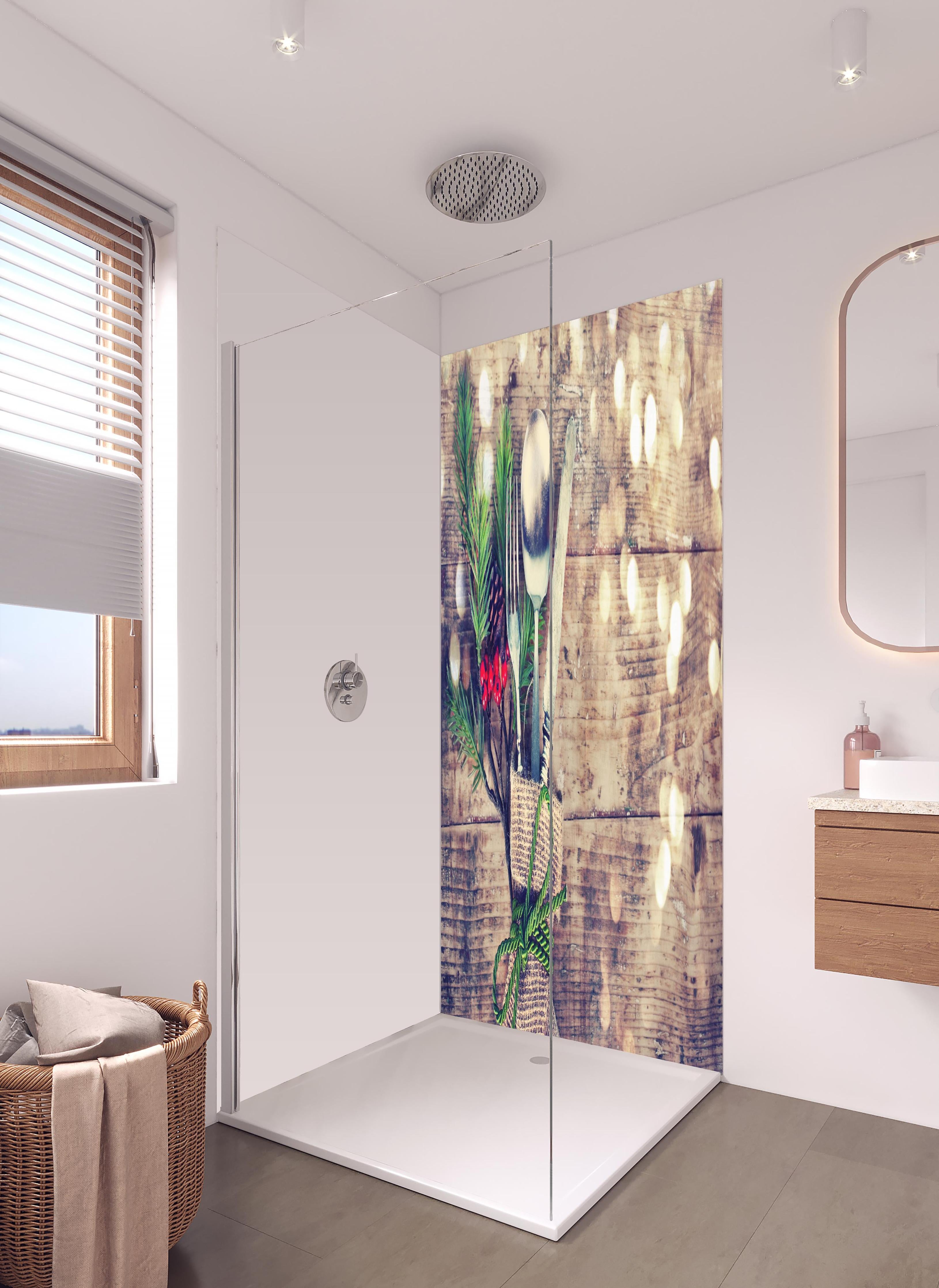 Duschrückwand - Weihnachtlich angerichtetes Besteck in hellem Badezimmer mit Regenduschkopf - zweiteilige Eck-Duschrückwand