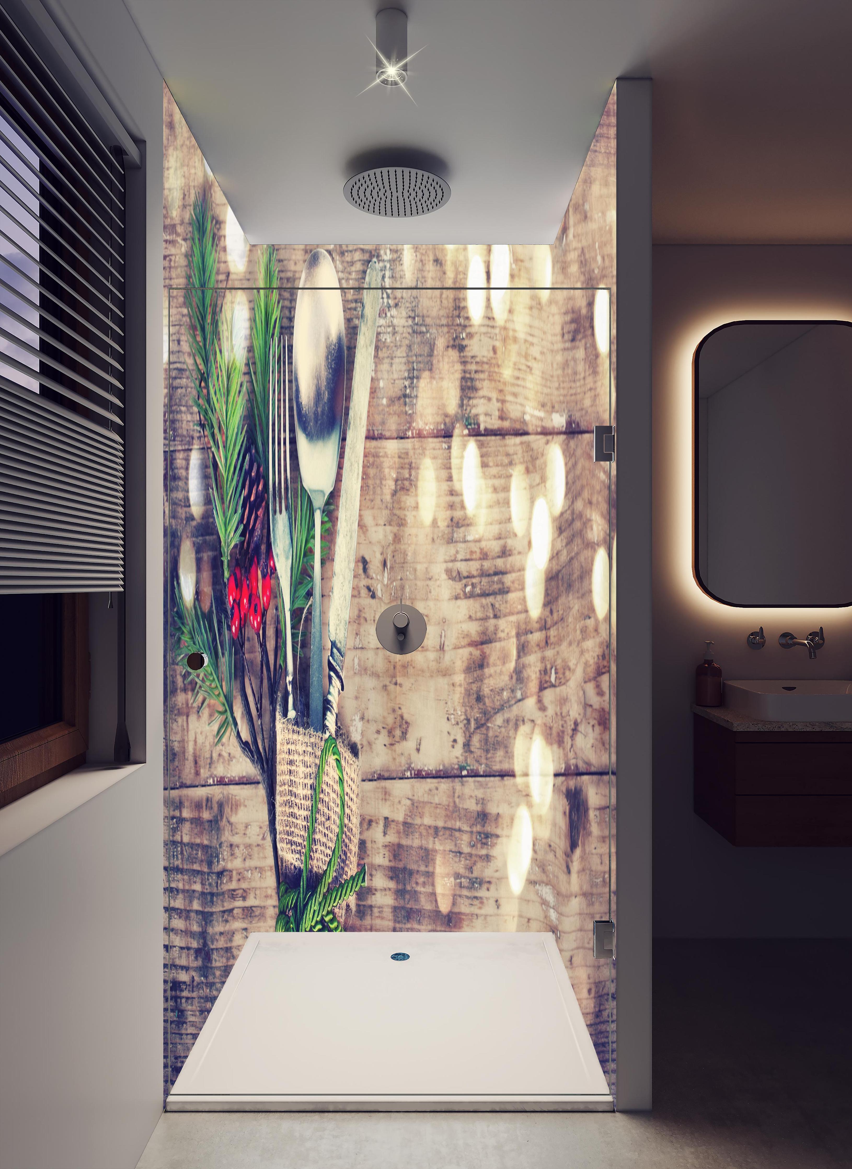Duschrückwand - Weihnachtlich angerichtetes Besteck in hellem Badezimmer mit Regenduschkopf - zweiteilige Eck-Duschrückwand