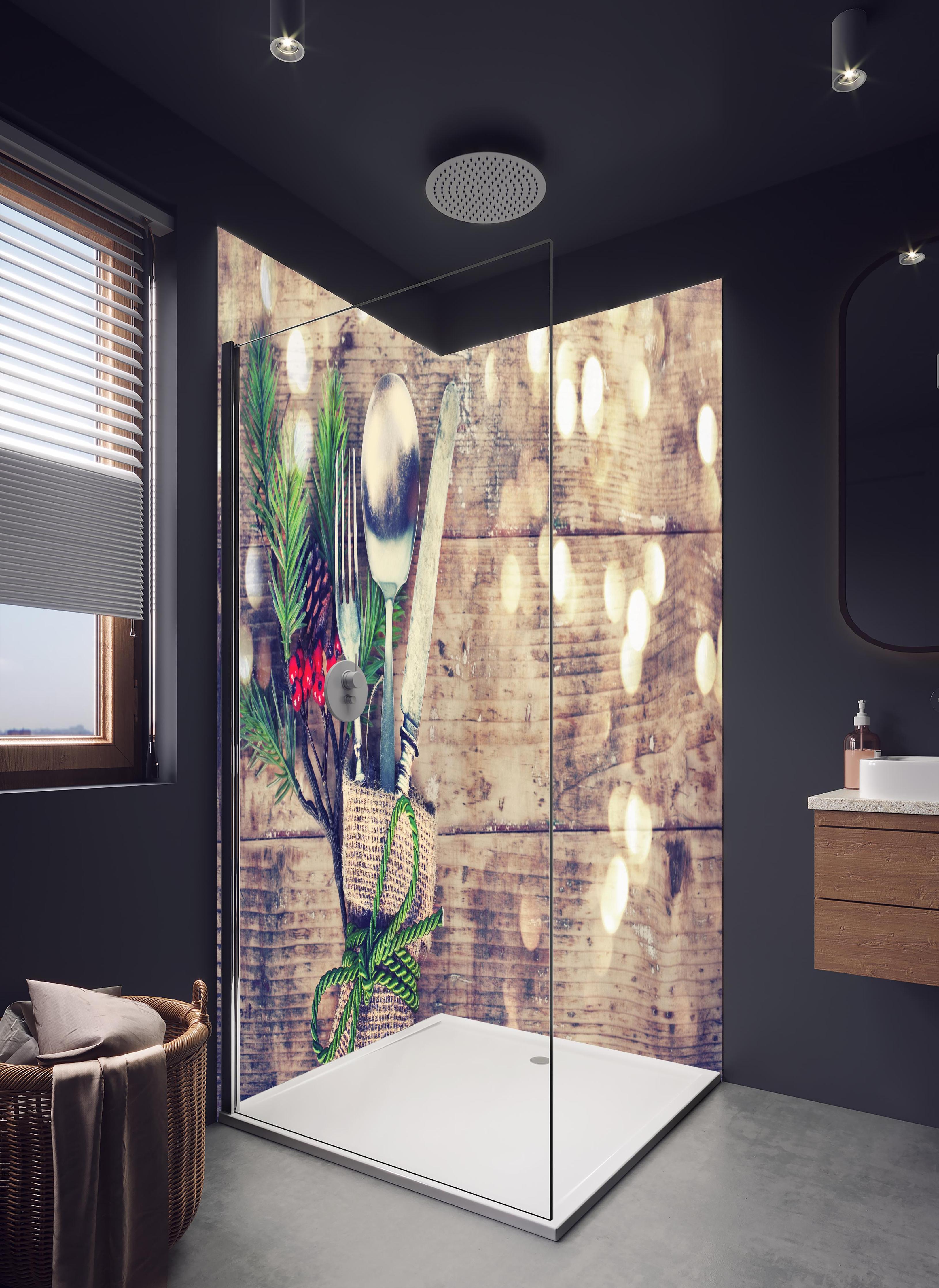 Duschrückwand - Weihnachtlich angerichtetes Besteck in hellem Badezimmer mit Regenduschkopf - zweiteilige Eck-Duschrückwand
