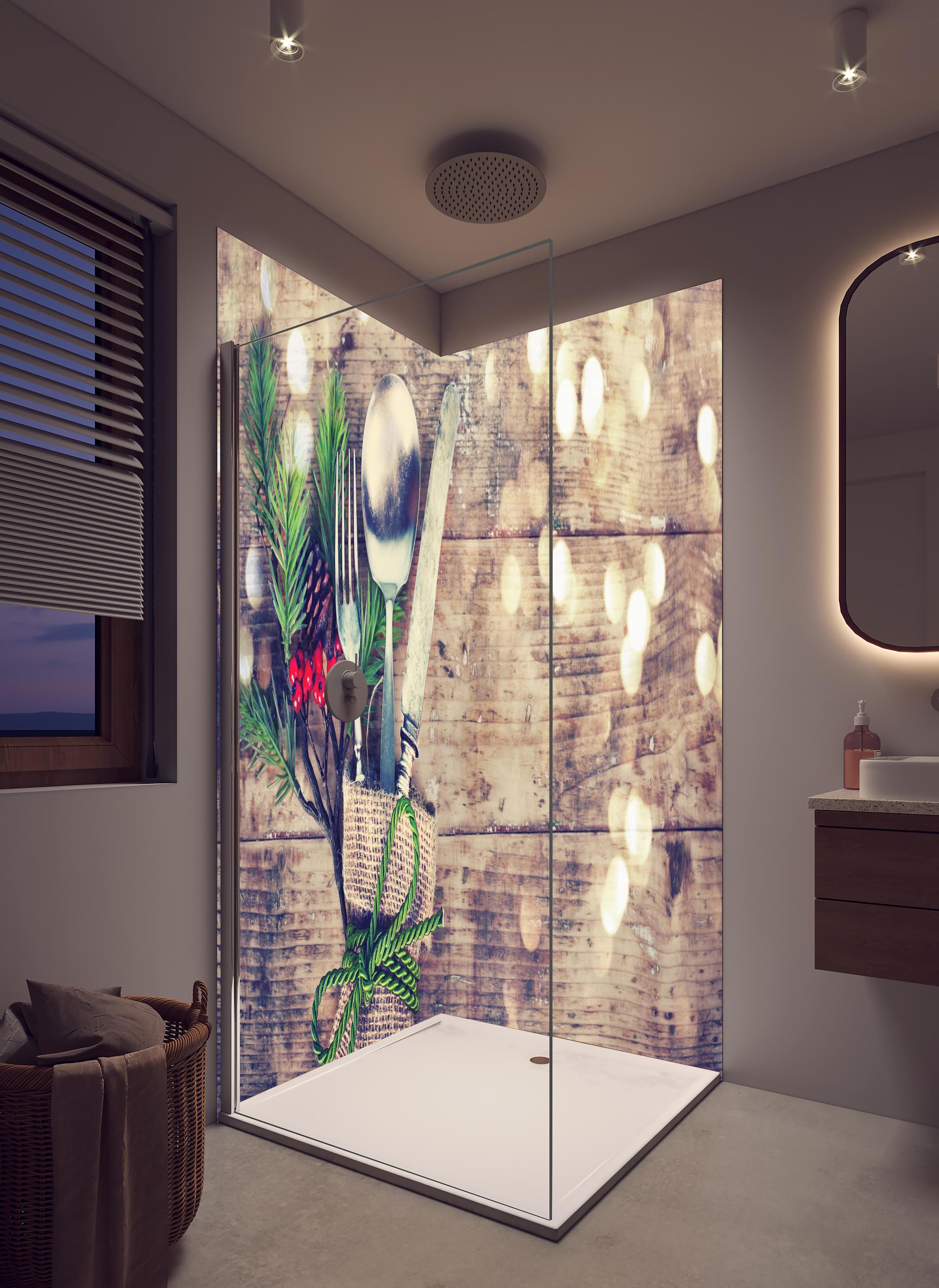 Duschrückwand - Weihnachtlich angerichtetes Besteck in hellem Badezimmer mit Regenduschkopf - zweiteilige Eck-Duschrückwand