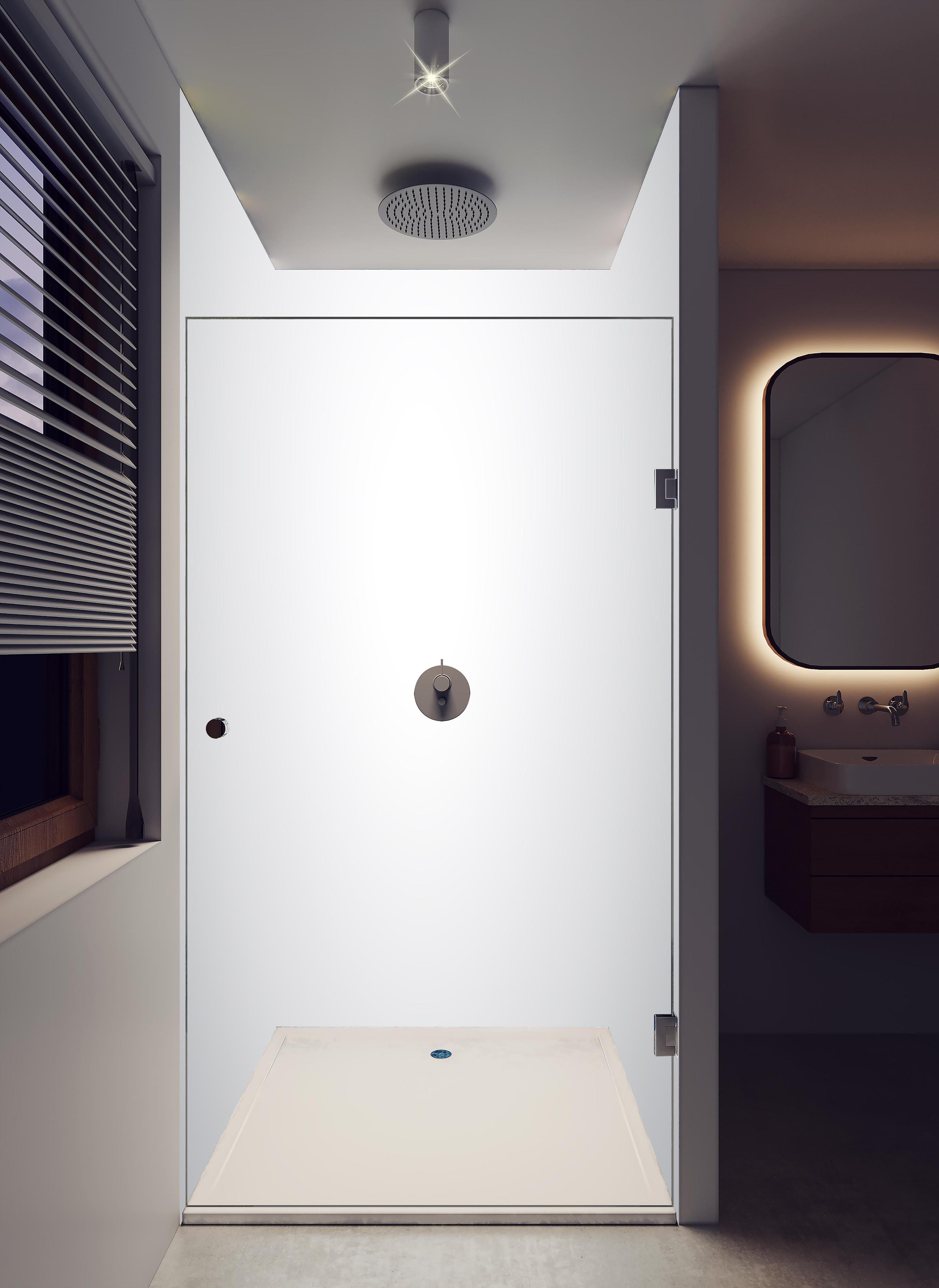 Duschrückwand - Weiß, gräuliches Muster in hellem Badezimmer mit Regenduschkopf - zweiteilige Eck-Duschrückwand