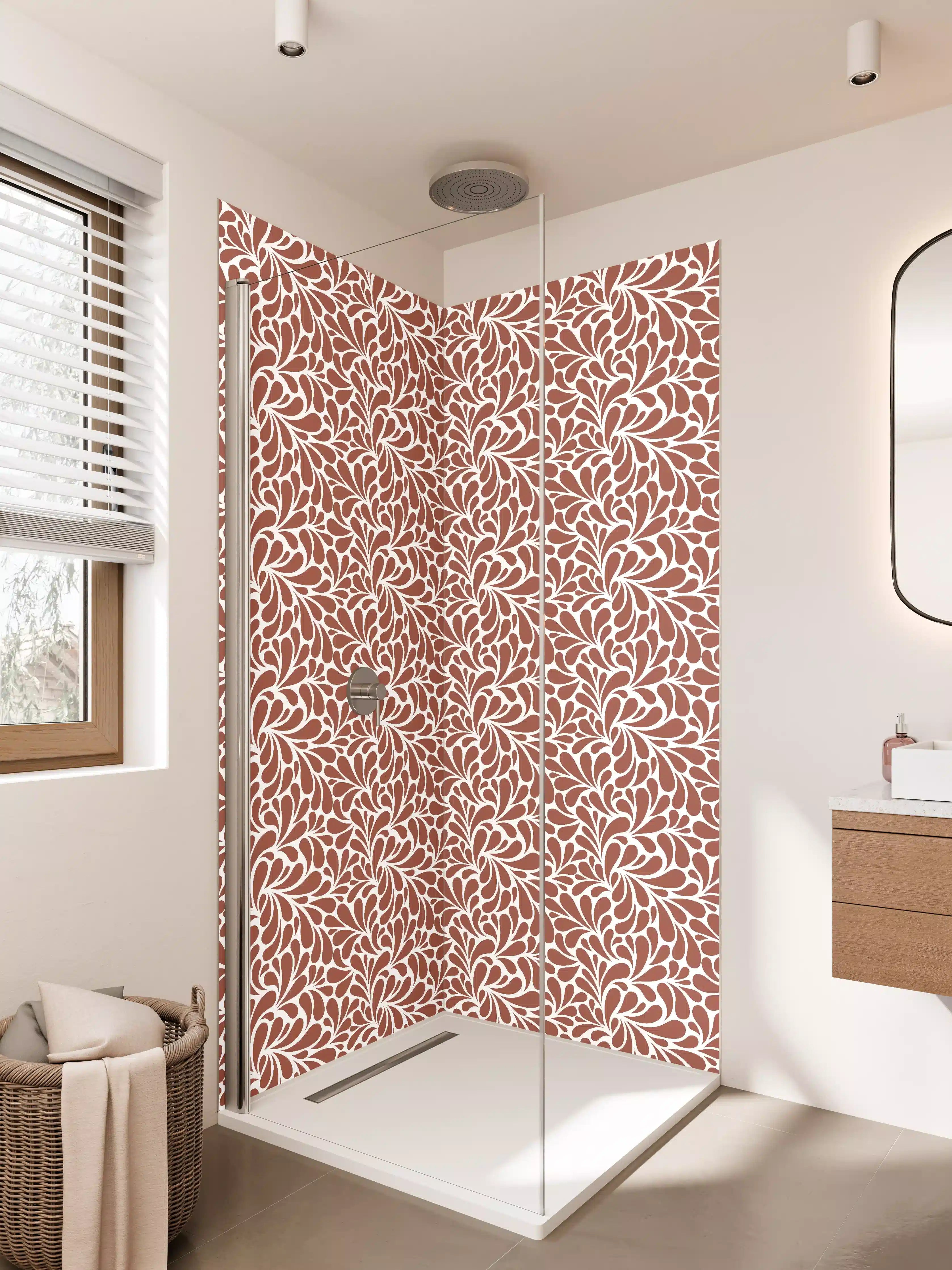 Duschrückwand - Weiße Blättermuster auf Braun