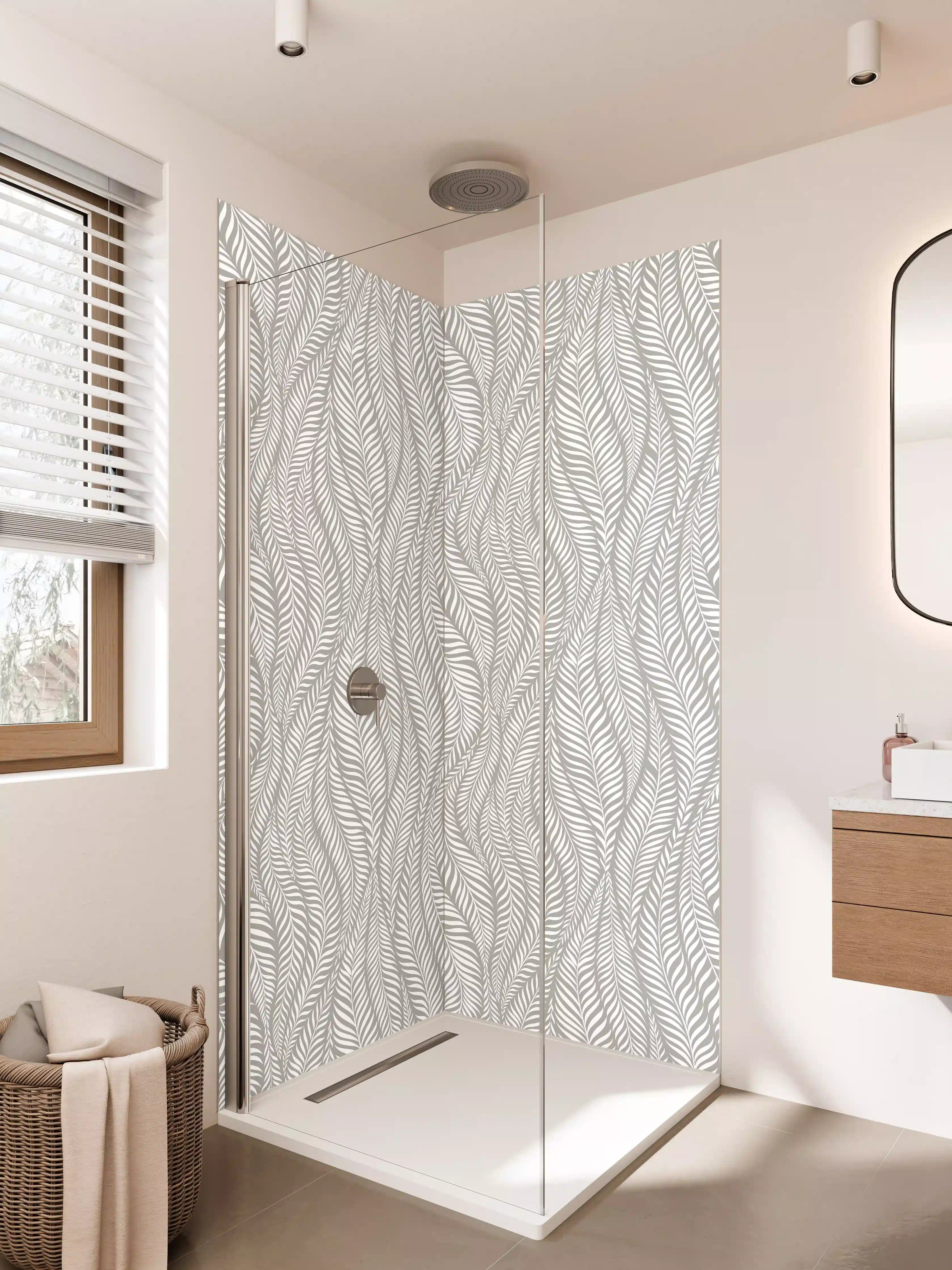 Duschrückwand - Weiße Blatt-Muster mit grauer Struktur