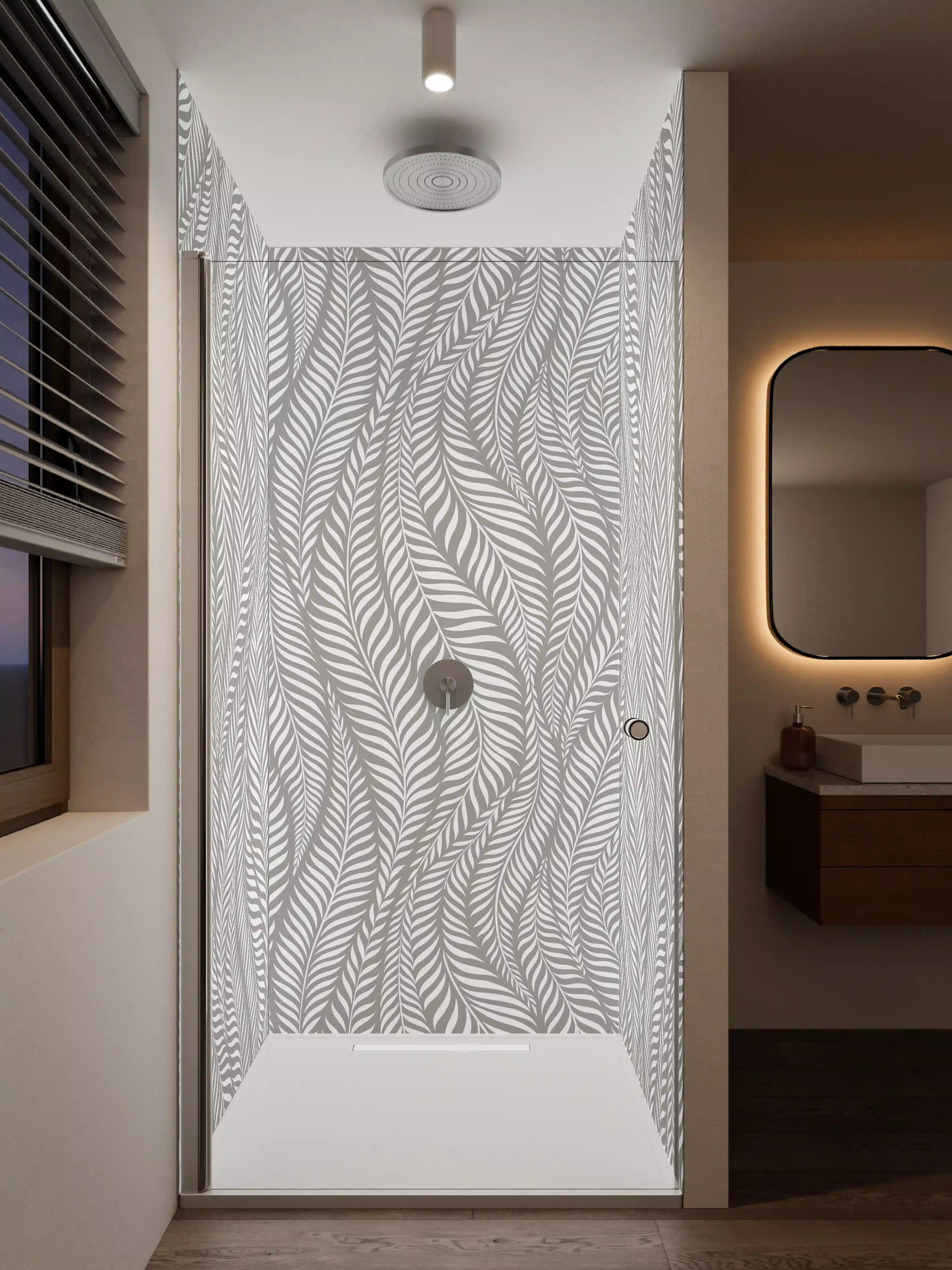 Duschrückwand - Weiße Blatt-Muster mit grauer Struktur
