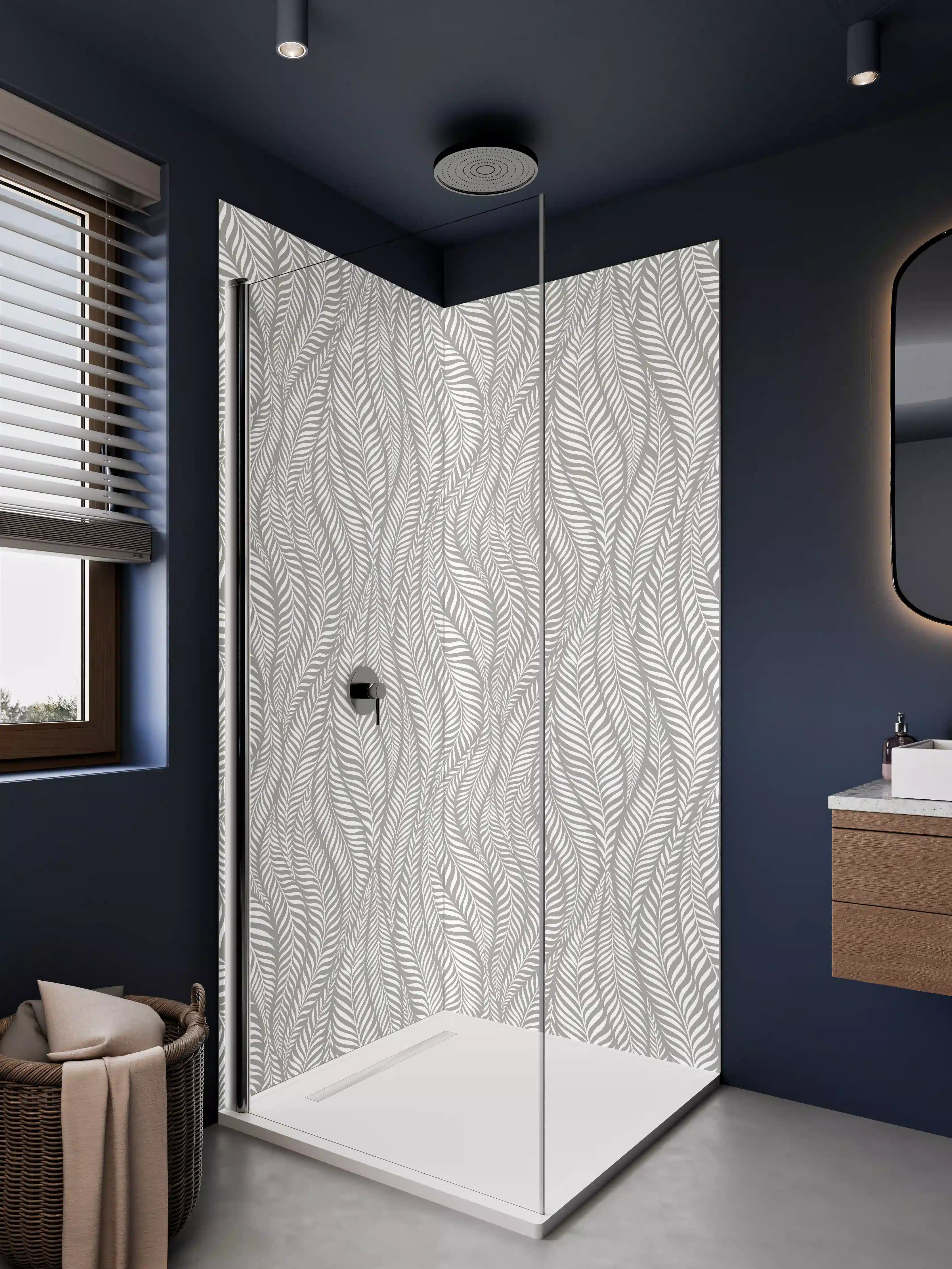 Duschrückwand - Weiße Blatt-Muster mit grauer Struktur