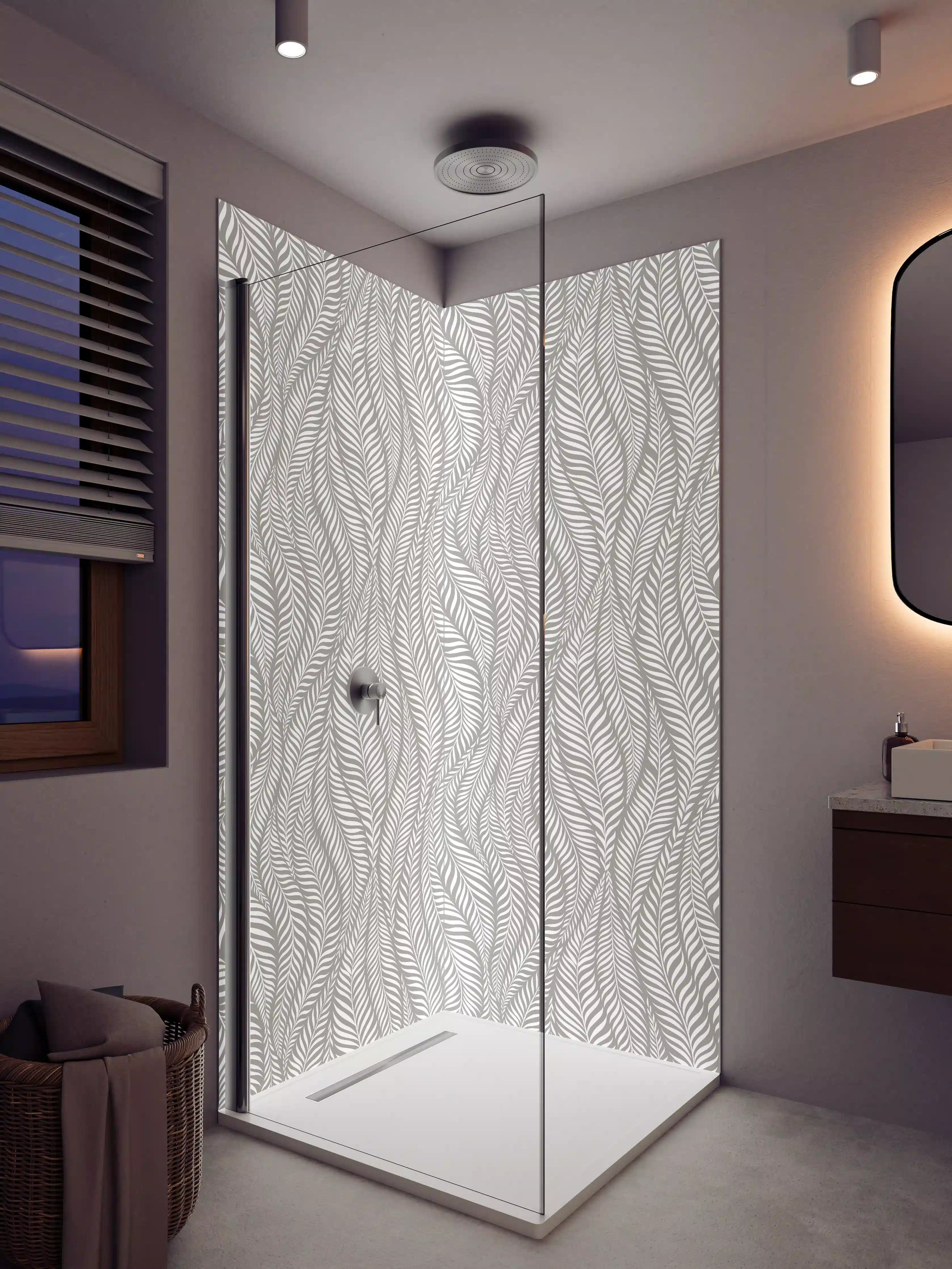 Duschrückwand - Weiße Blatt-Muster mit grauer Struktur