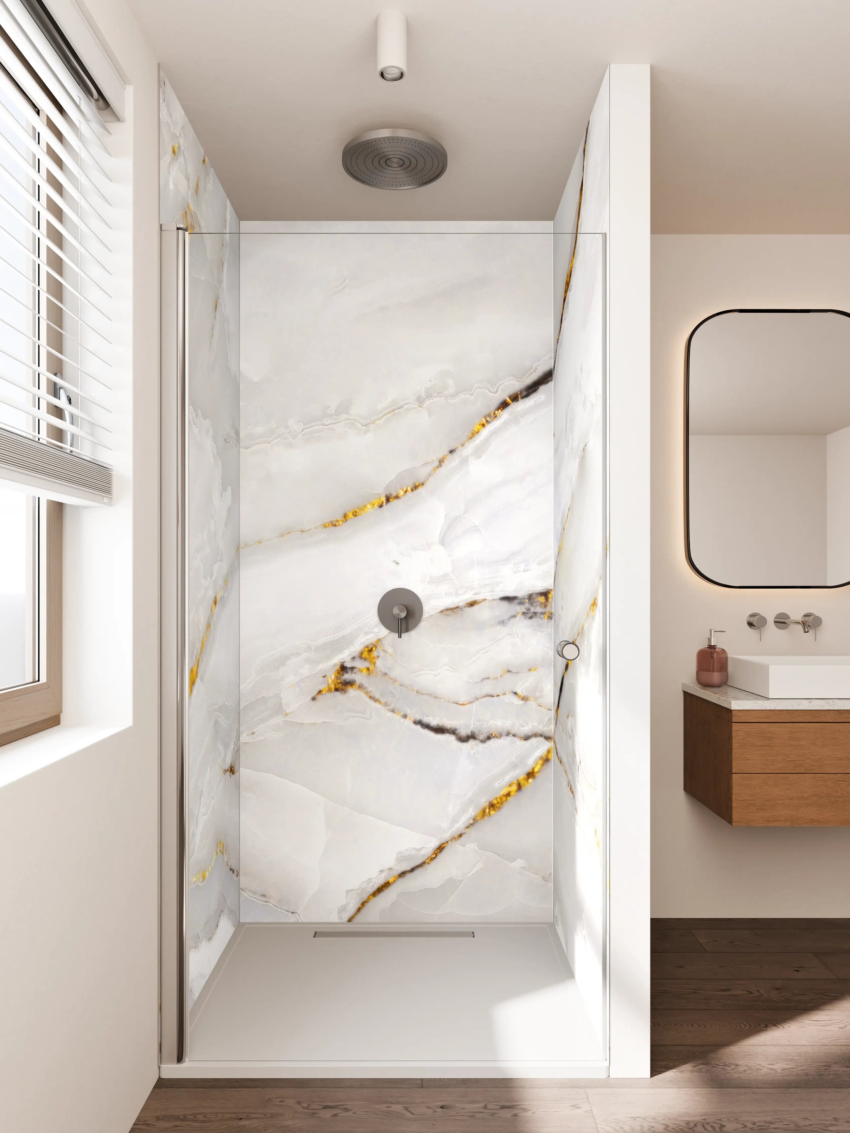 Duschrückwand - Weiße Marmor-Optik mit goldenen Akzenten