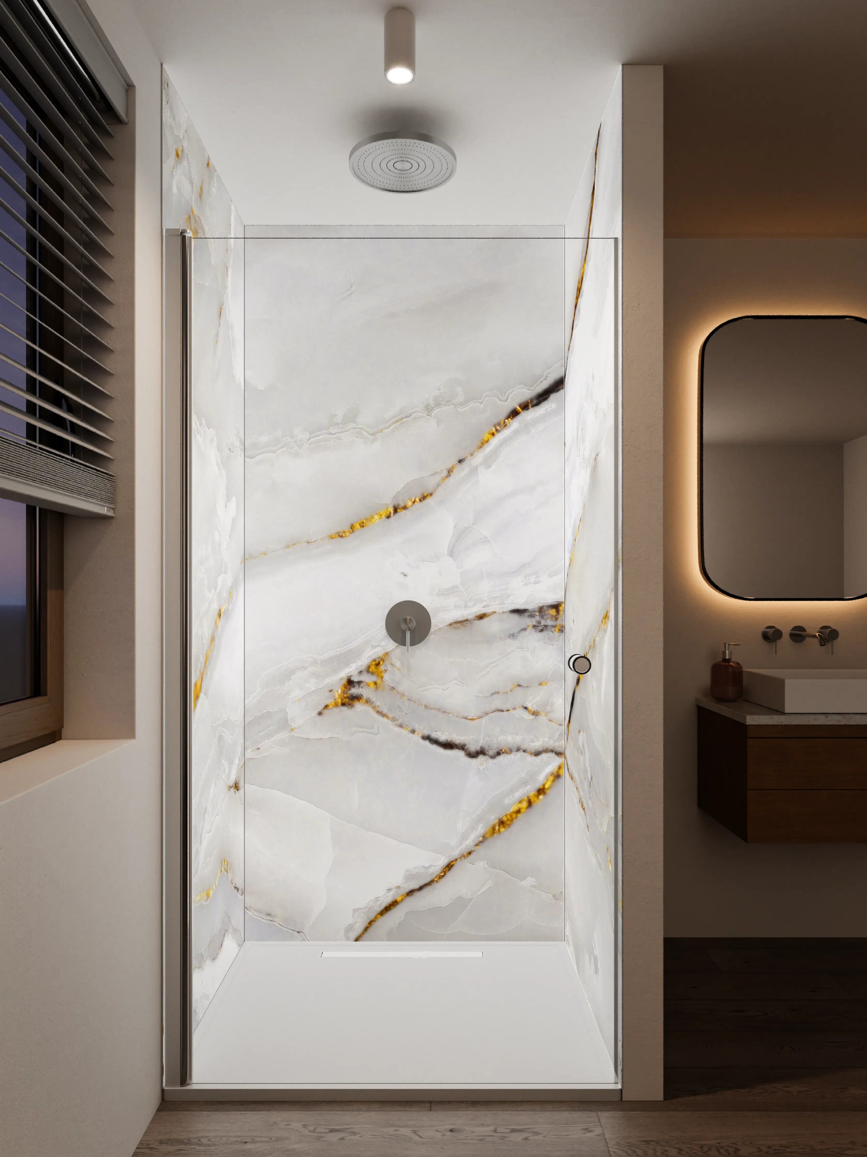 Duschrückwand - Weiße Marmor-Optik mit goldenen Akzenten