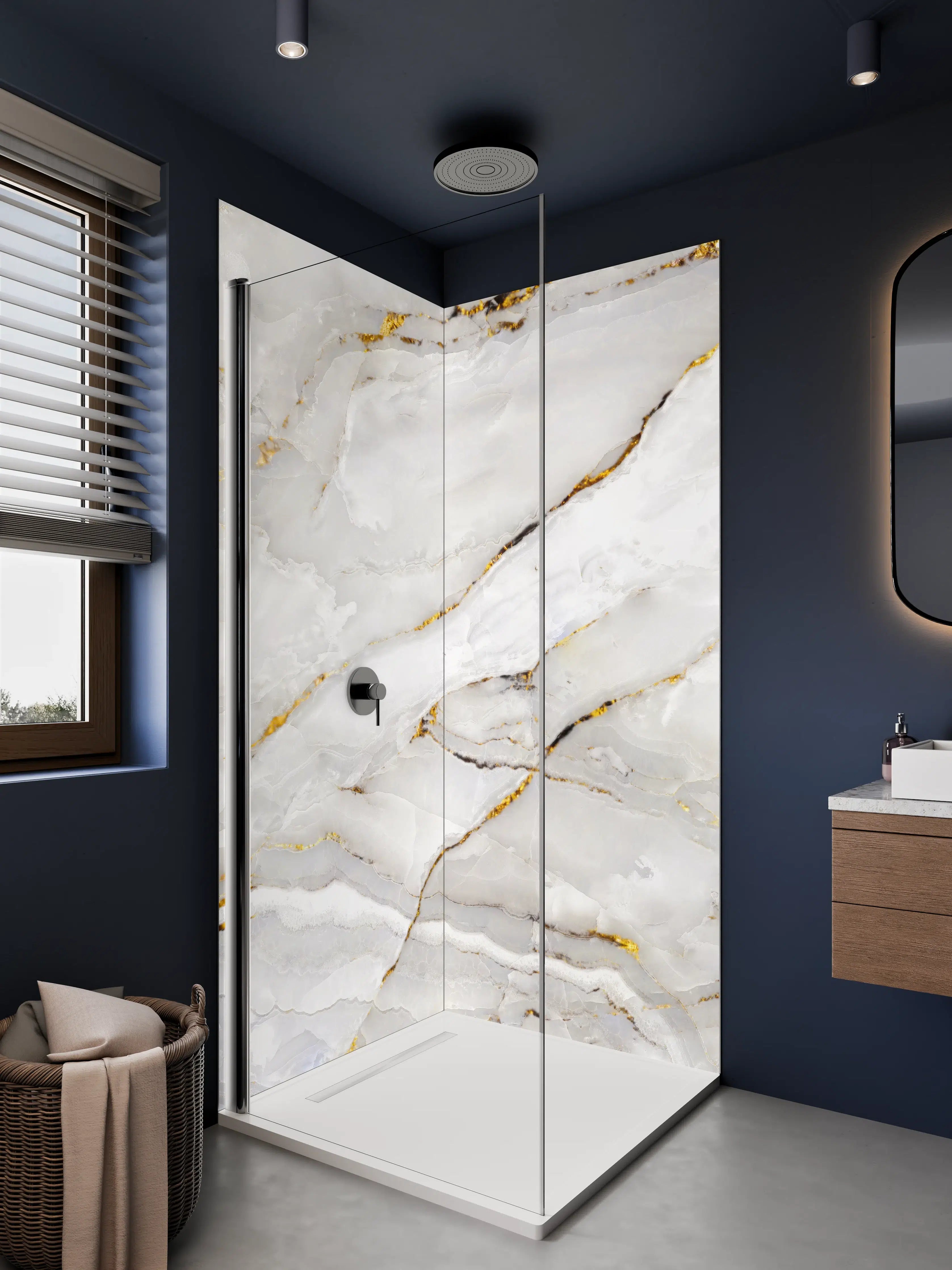 Duschrückwand - Weiße Marmor-Optik mit goldenen Akzenten