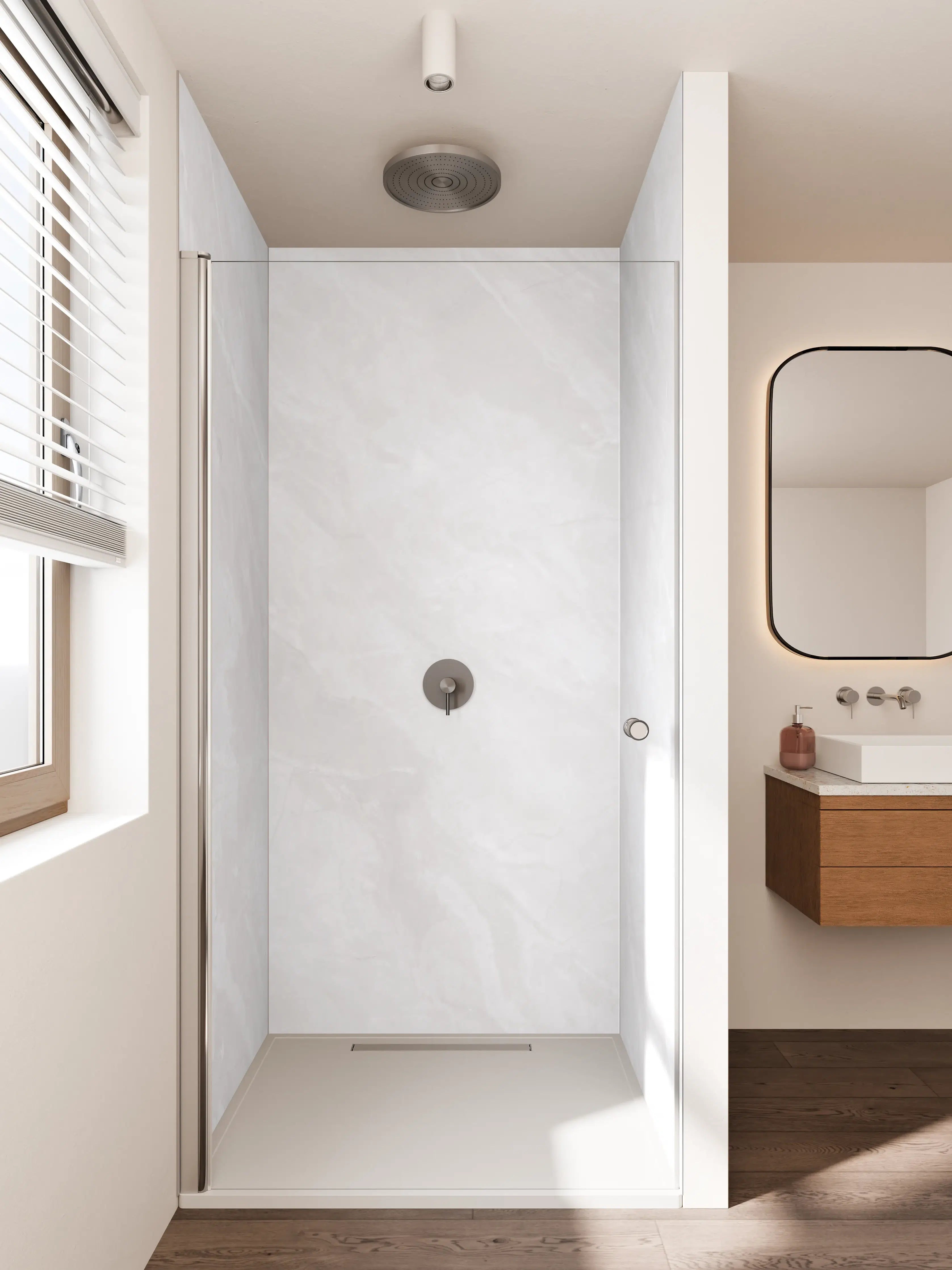 Duschrückwand - Weiße Marmor-Textur mit Grausch Atten