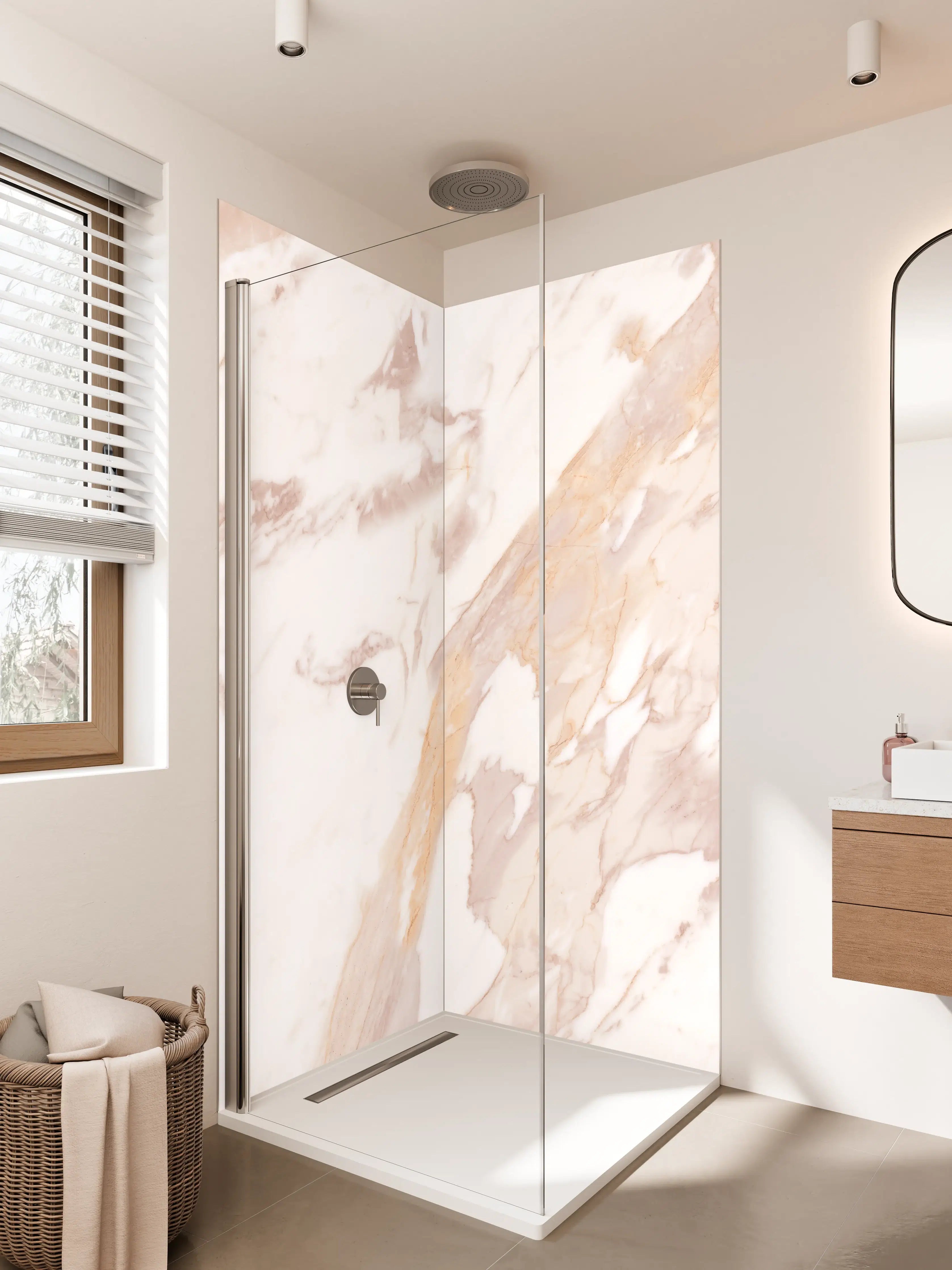 Duschrückwand - Weiße Marmor-Textur mit beigen Nuancen