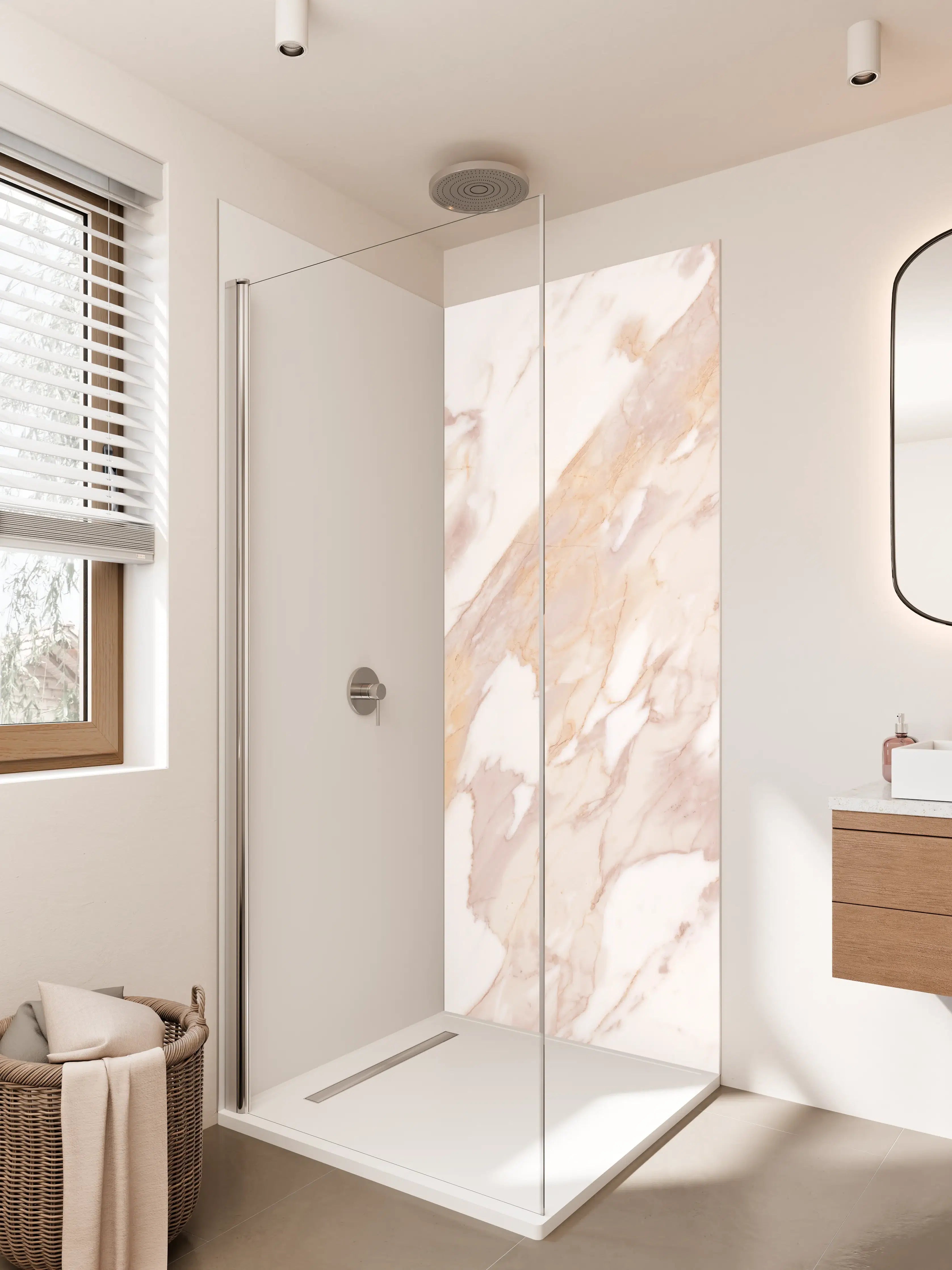 Duschrückwand - Weiße Marmor-Textur mit beigen Nuancen