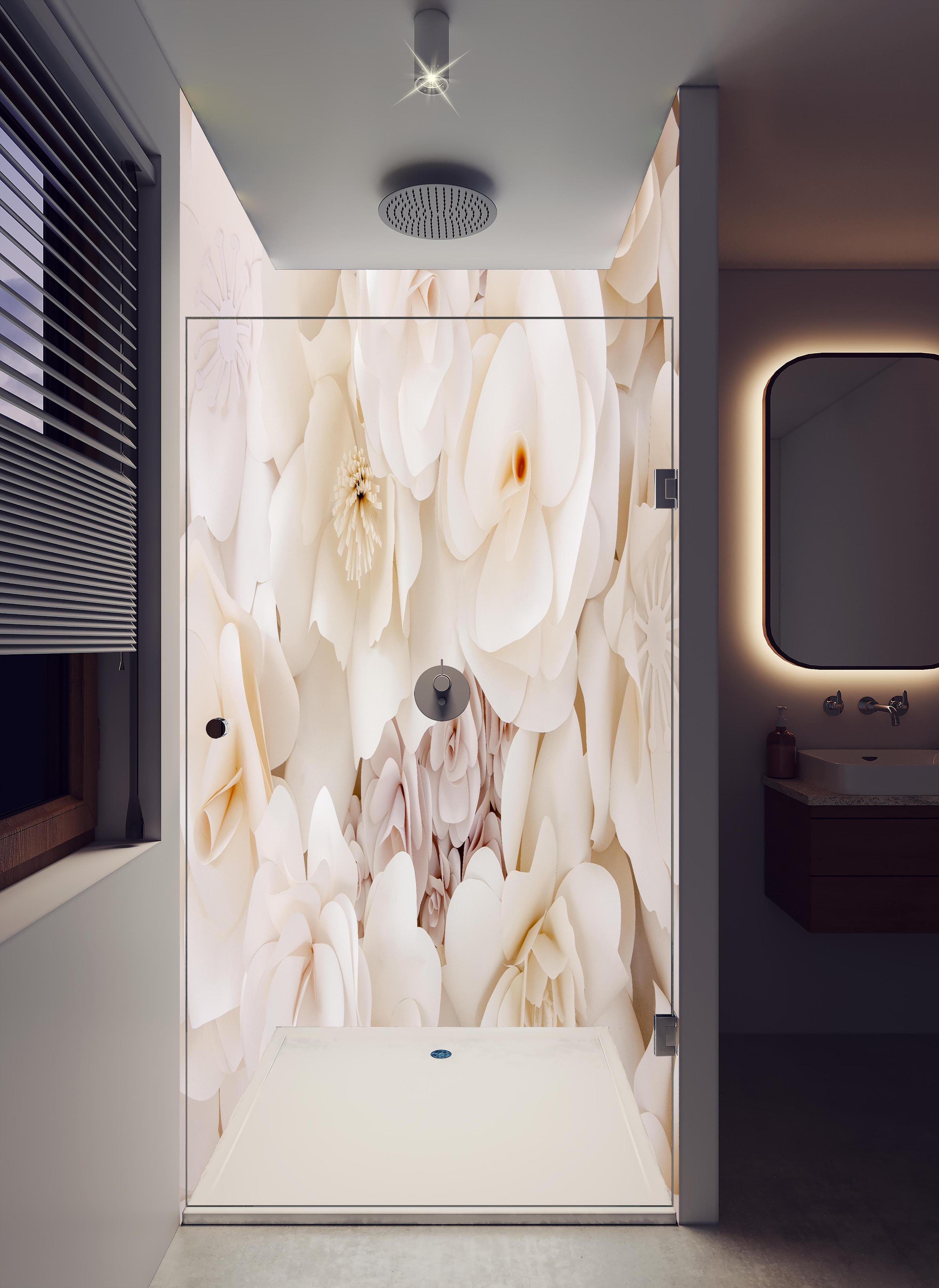 Duschrückwand - Weiße Papierblumen in hellem Badezimmer mit Regenduschkopf - zweiteilige Eck-Duschrückwand