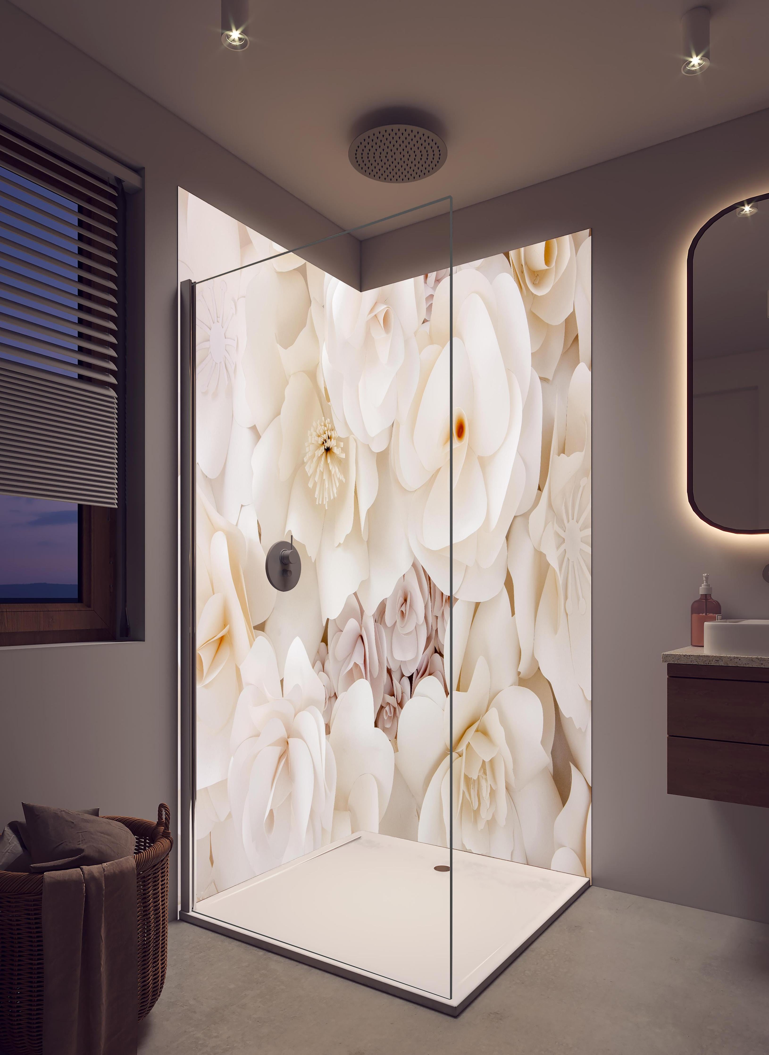 Duschrückwand - Weiße Papierblumen in hellem Badezimmer mit Regenduschkopf - zweiteilige Eck-Duschrückwand