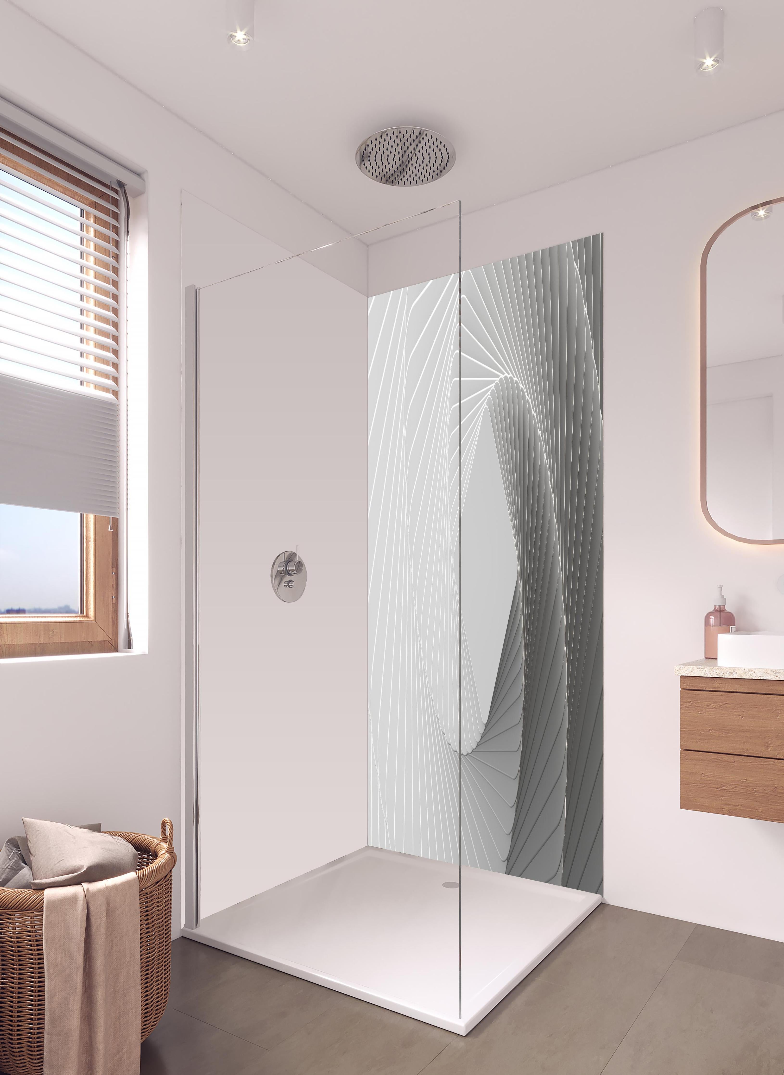 Duschrückwand - Weiße Quadrate - Illusion in hellem Badezimmer mit Regenduschkopf - zweiteilige Eck-Duschrückwand