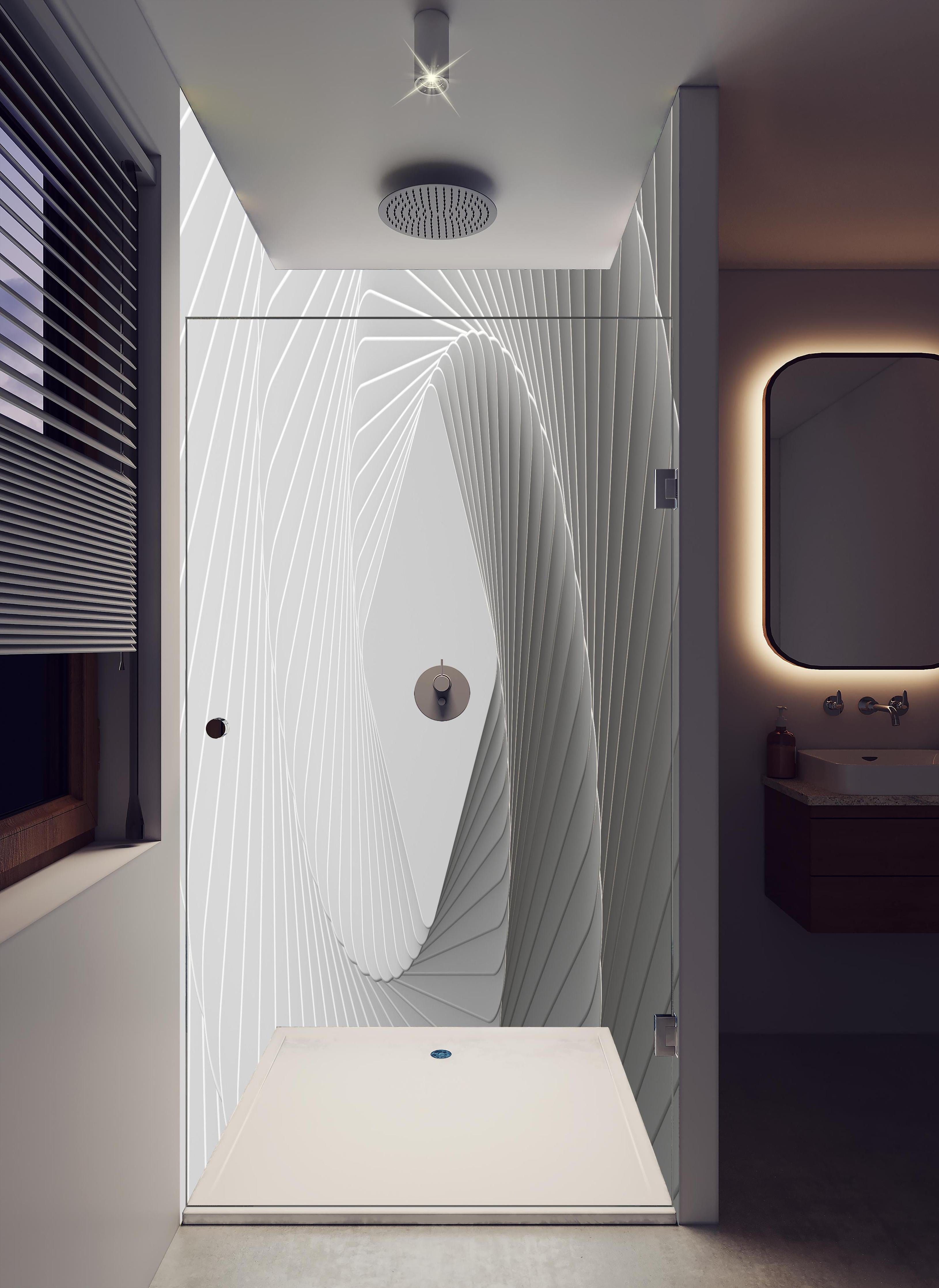 Duschrückwand - Weiße Quadrate - Illusion in hellem Badezimmer mit Regenduschkopf - zweiteilige Eck-Duschrückwand