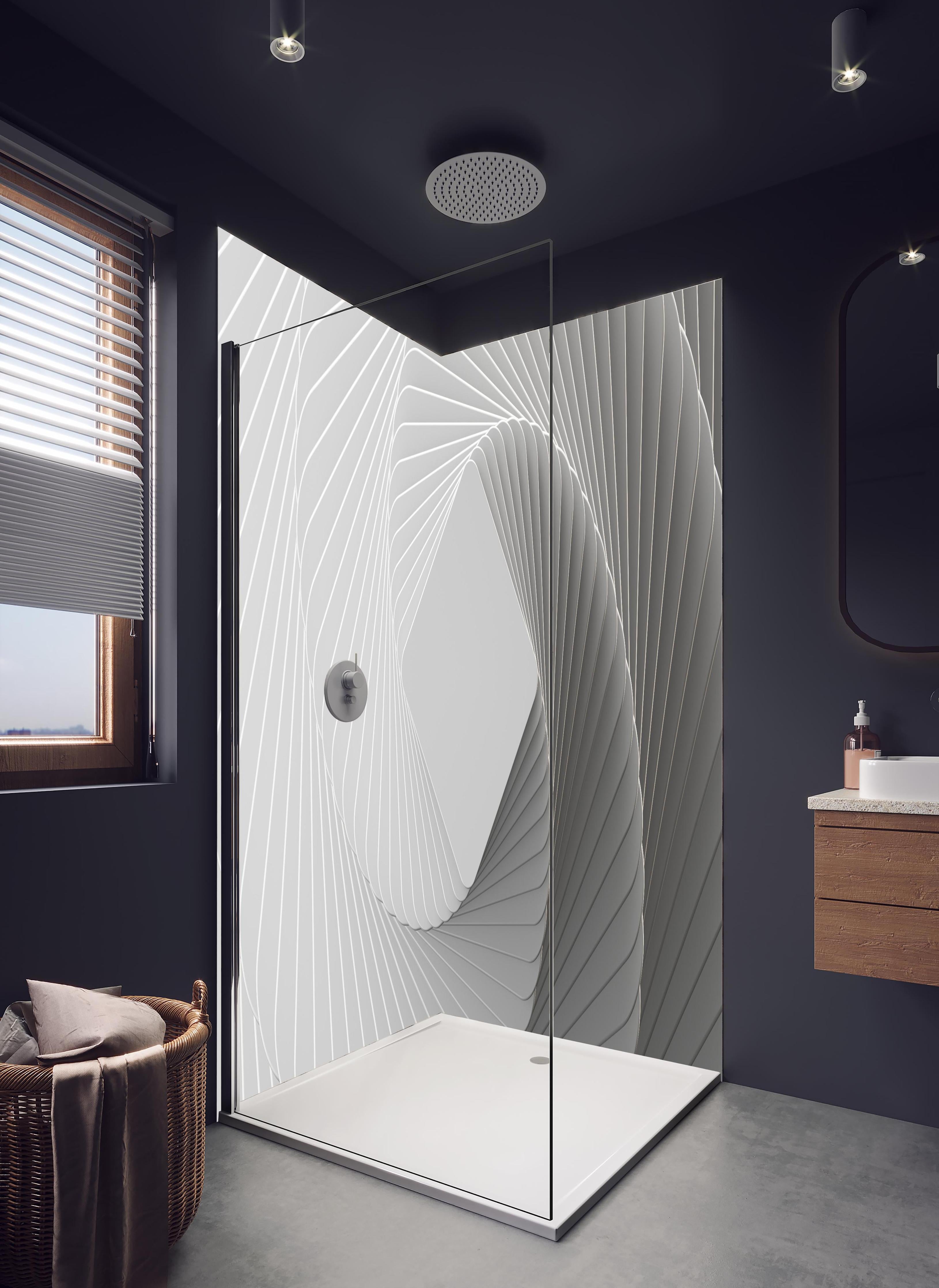 Duschrückwand - Weiße Quadrate - Illusion in hellem Badezimmer mit Regenduschkopf - zweiteilige Eck-Duschrückwand