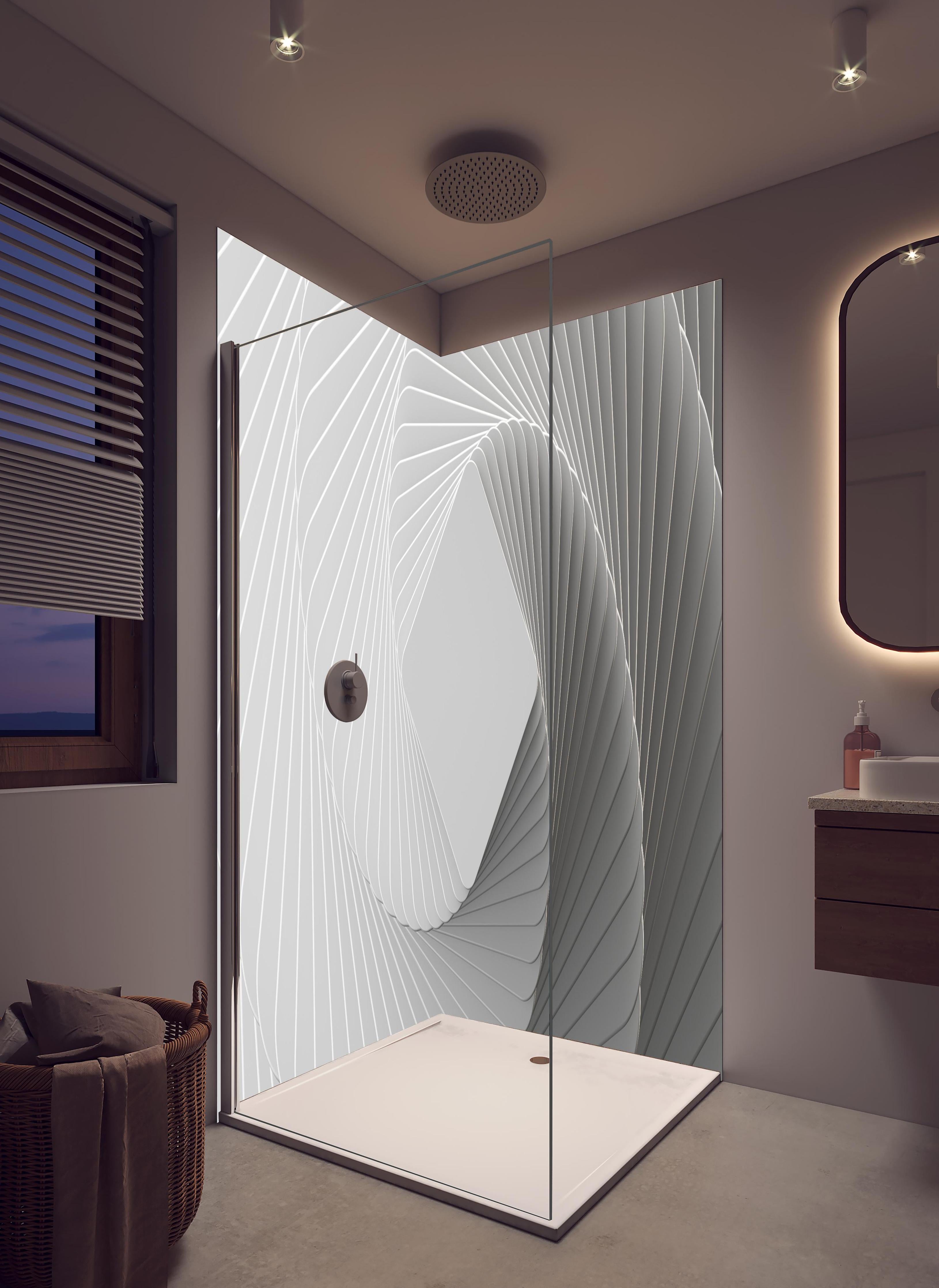 Duschrückwand - Weiße Quadrate - Illusion in hellem Badezimmer mit Regenduschkopf - zweiteilige Eck-Duschrückwand