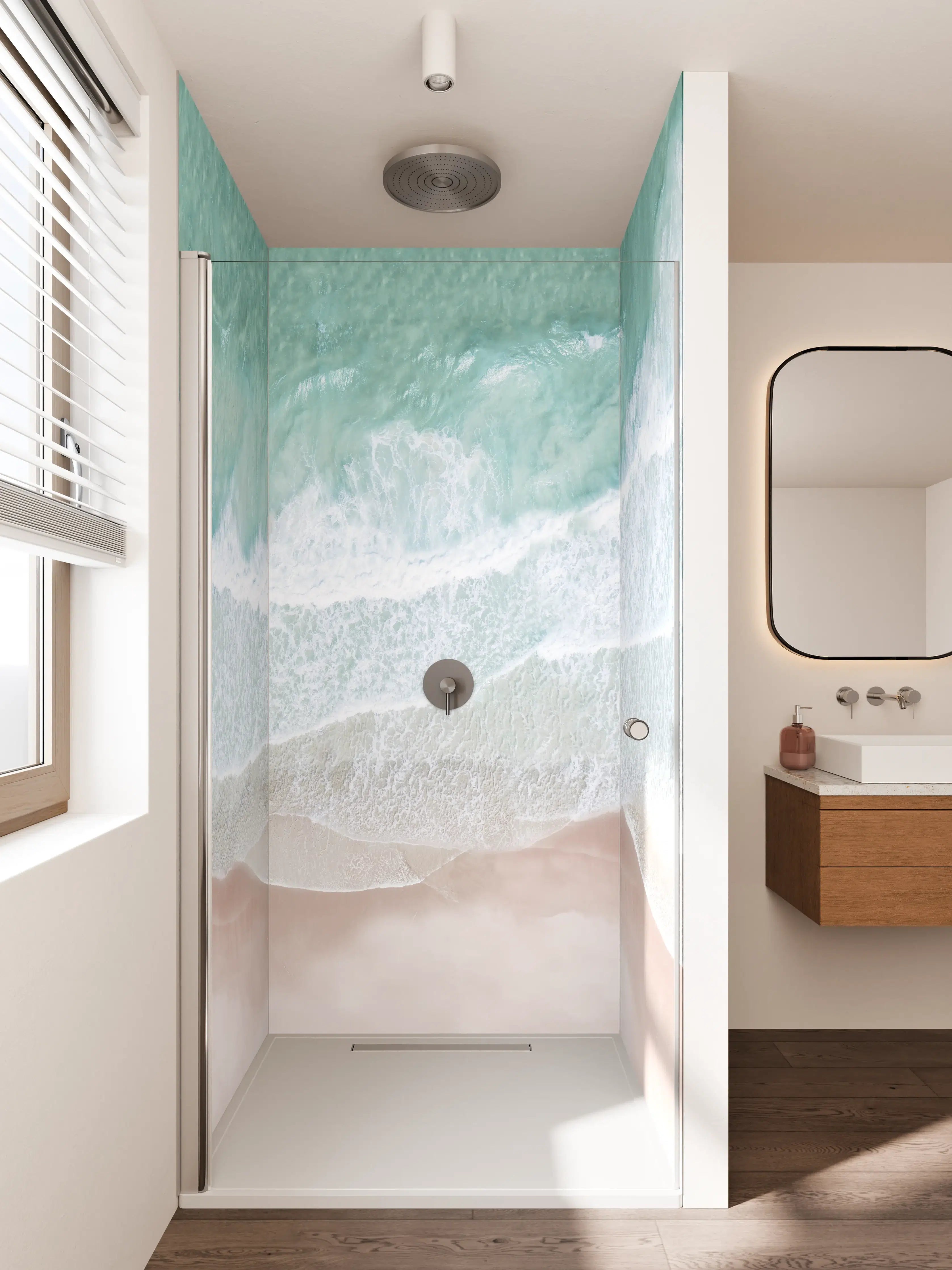 Duschrückwand - Weiße Sandküste mit türkisem Wasser