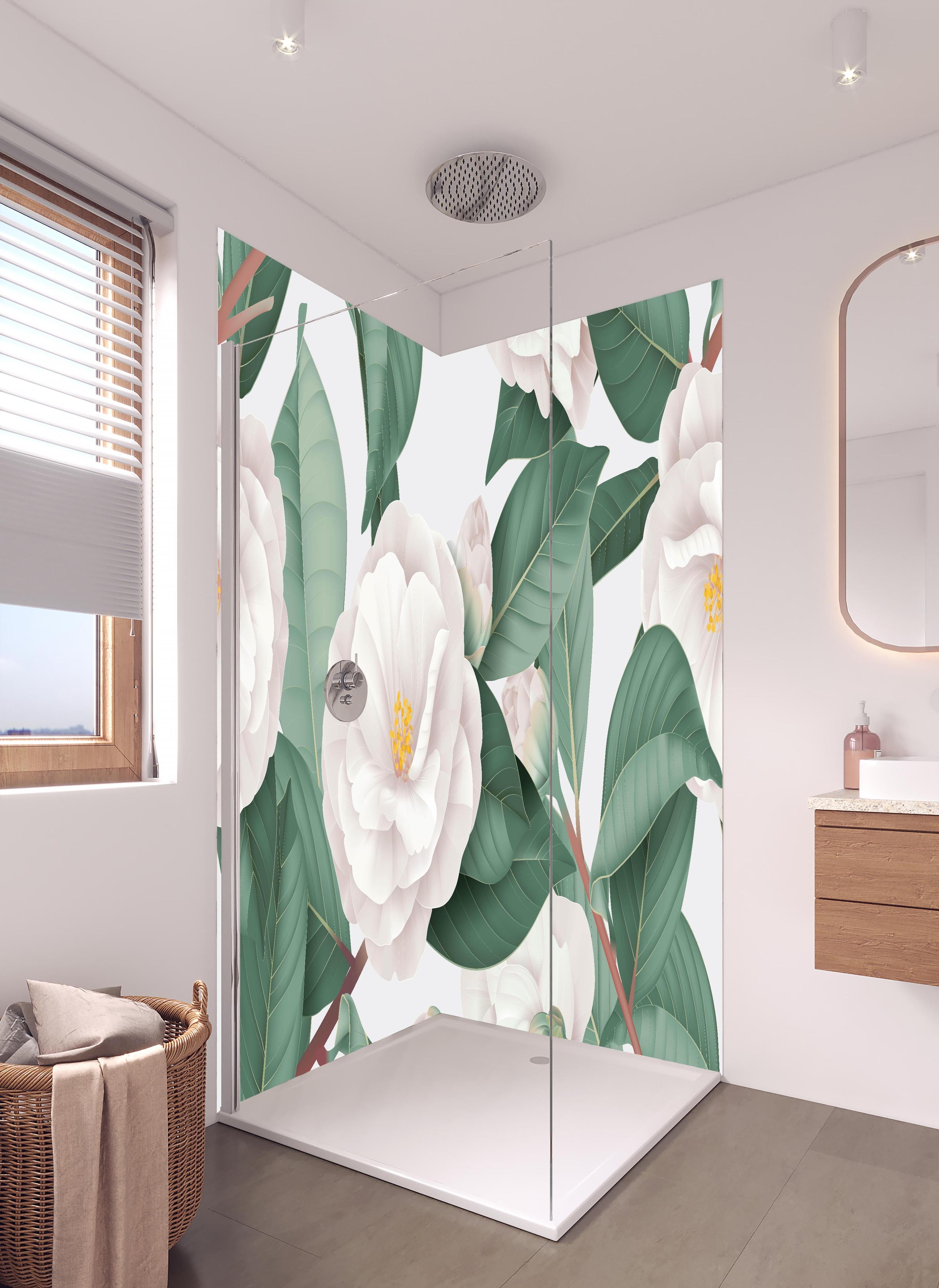 Duschrückwand - Weiße Semi-double Camellias auf Grau in hellem Badezimmer mit Regenduschkopf - zweiteilige Eck-Duschrückwand