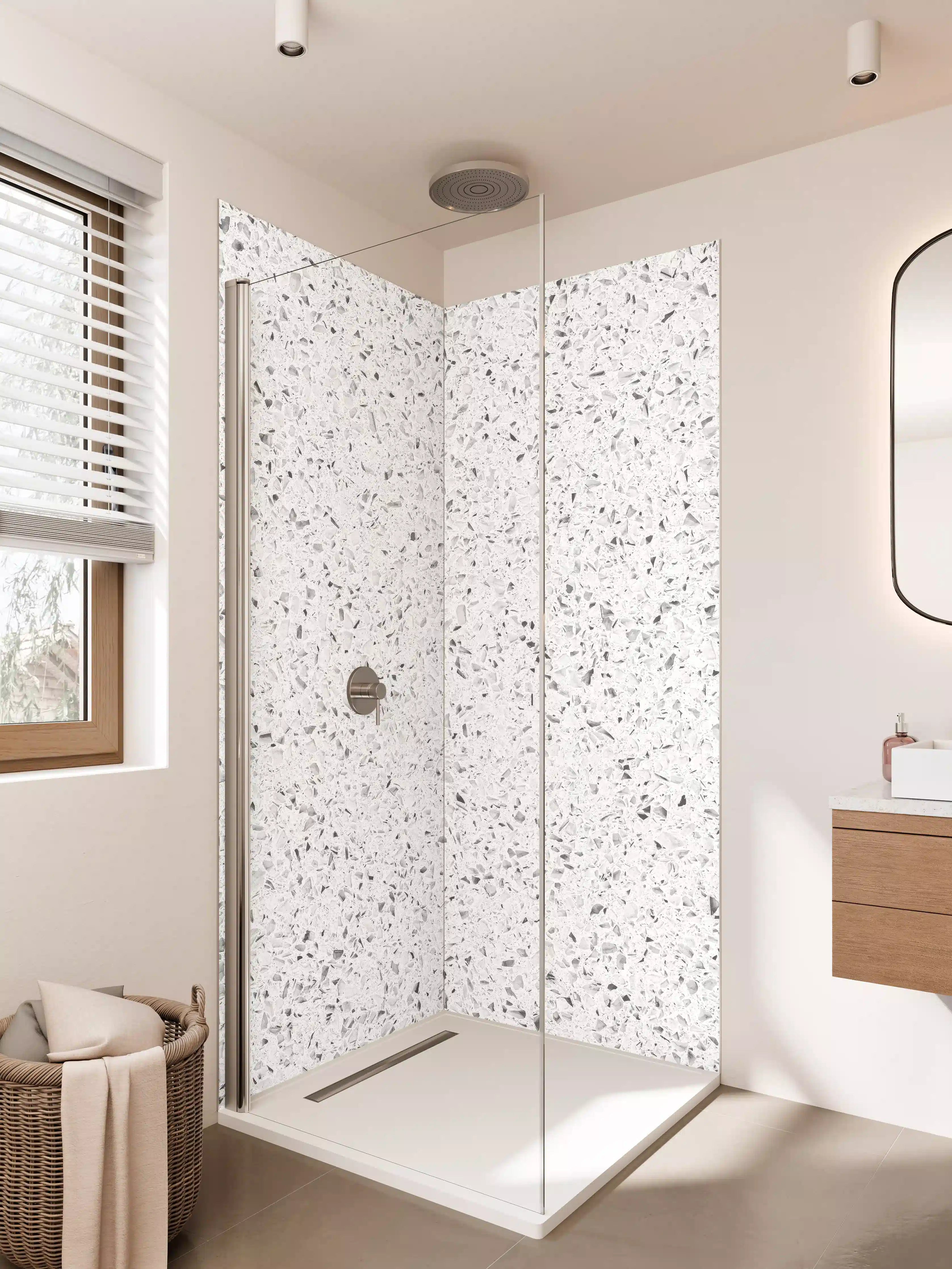 Duschrückwand - Weiße gepunktete Quarzoberfläche