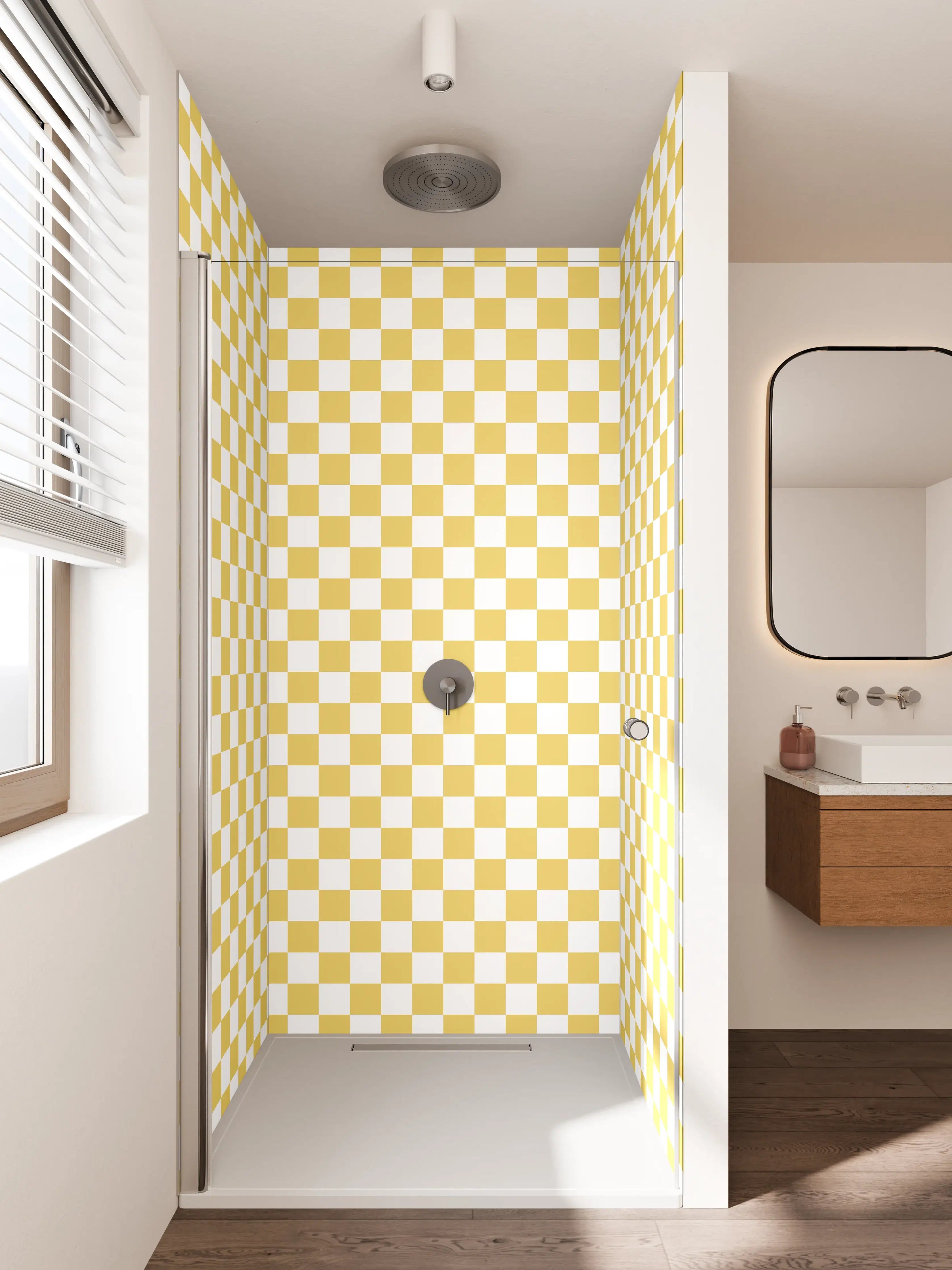 Duschrückwand - Weiße und goldene Karoscheibe mit mediterranem Flair