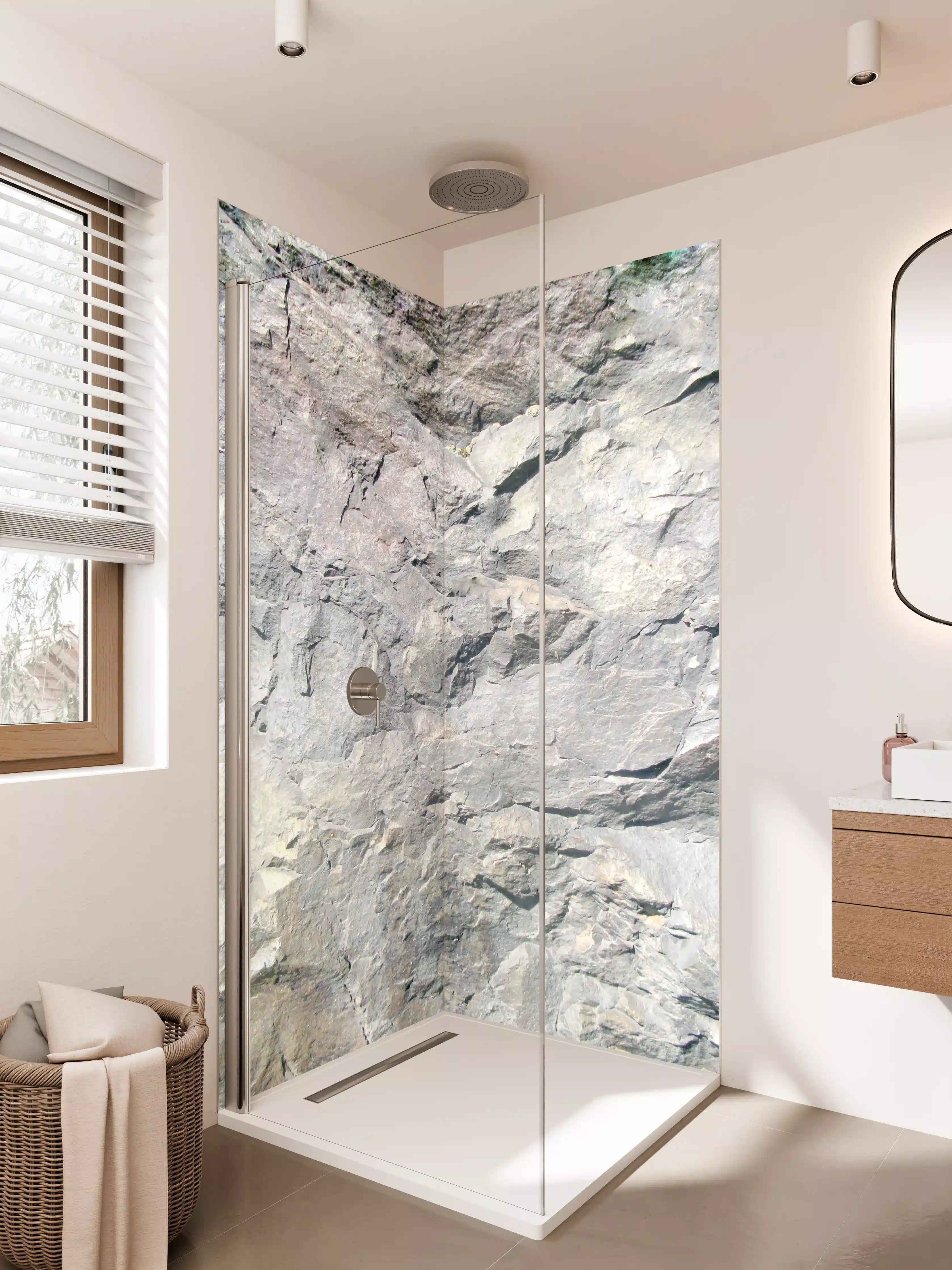 Duschrückwand - Weiße und graue Natursteinwand