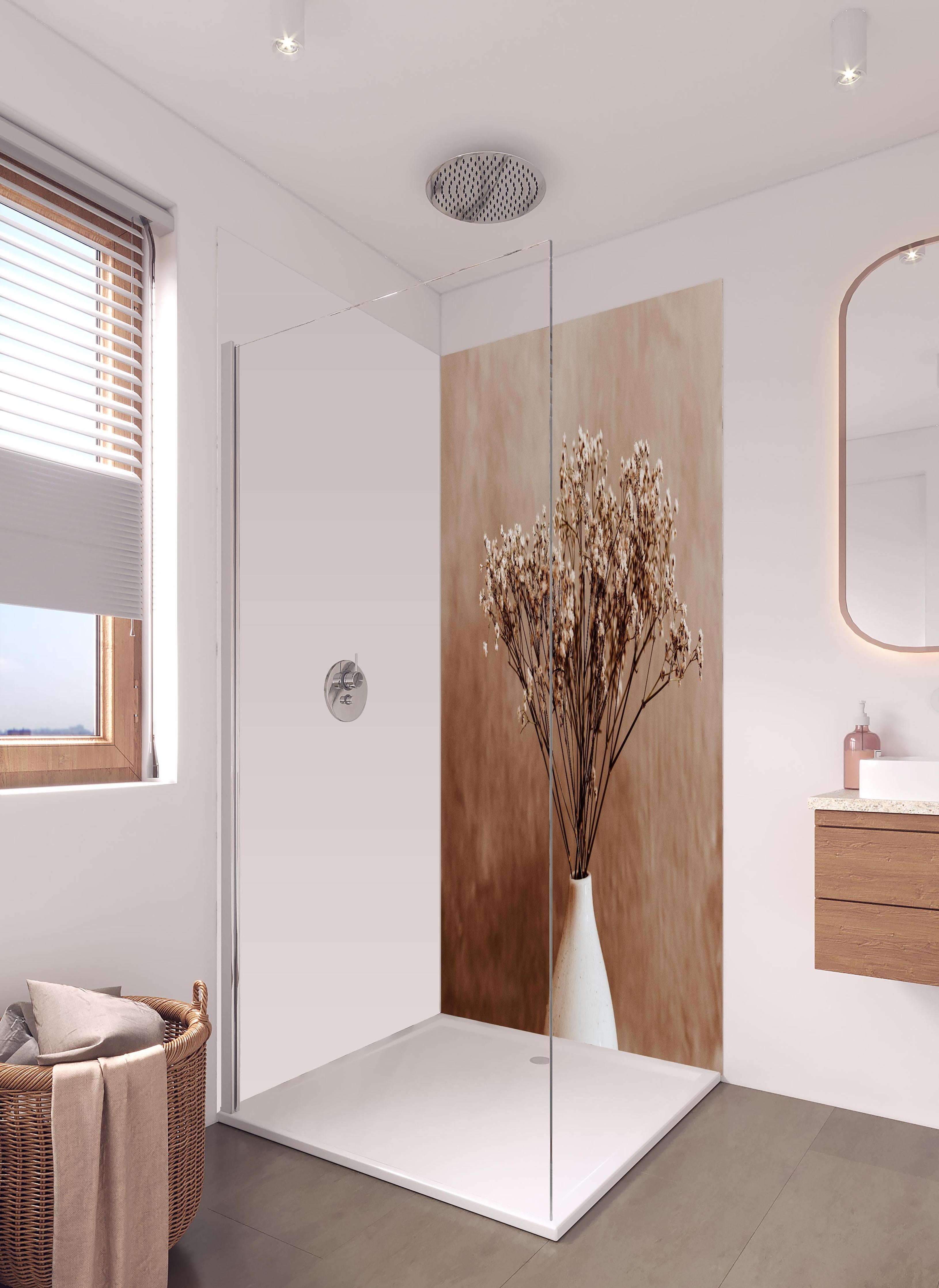 Duschrückwand - Weiße wilde getrocknete Blumen in hellem Badezimmer mit Regenduschkopf - zweiteilige Eck-Duschrückwand
