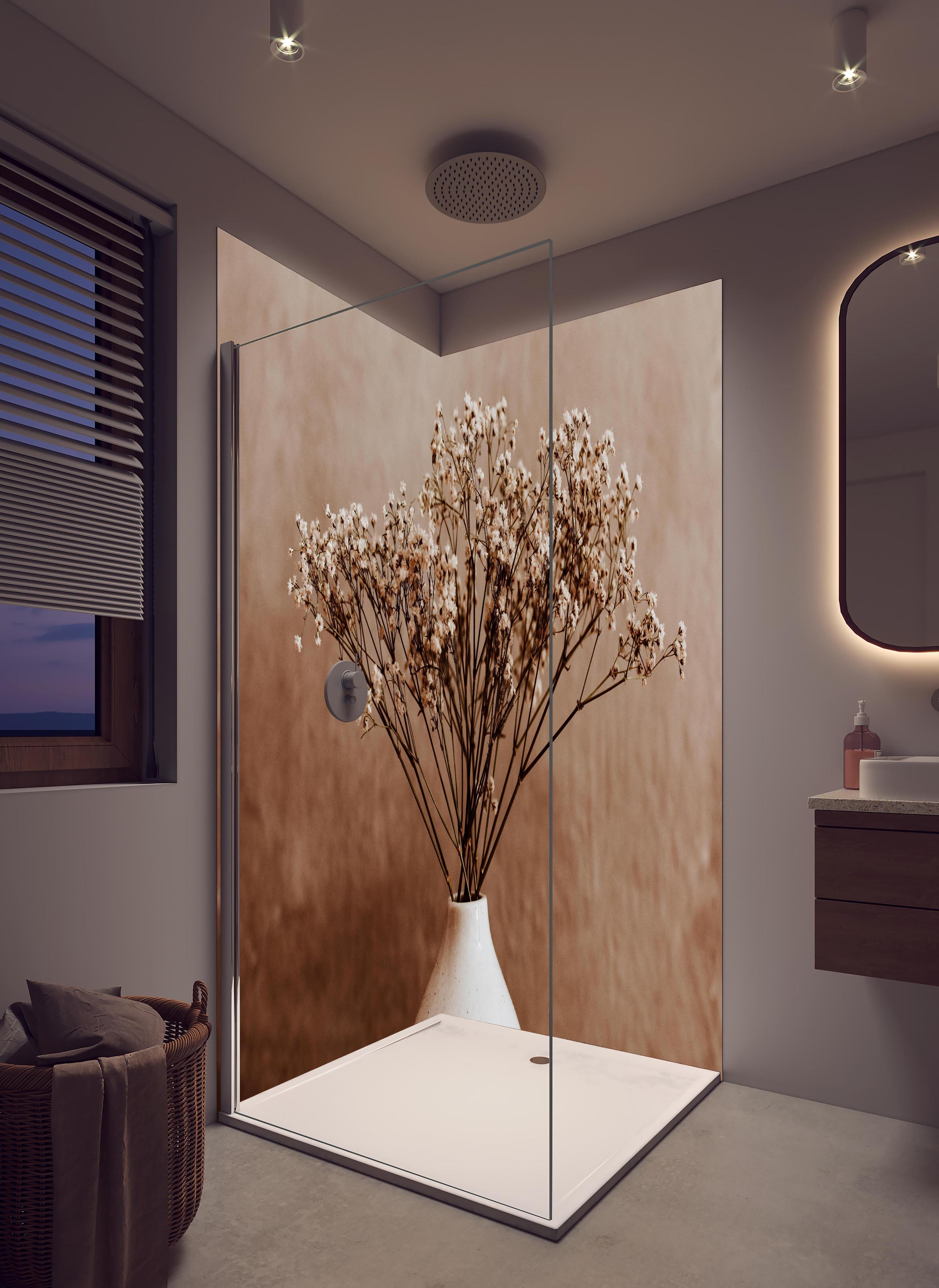 Duschrückwand - Weiße wilde getrocknete Blumen in hellem Badezimmer mit Regenduschkopf - zweiteilige Eck-Duschrückwand