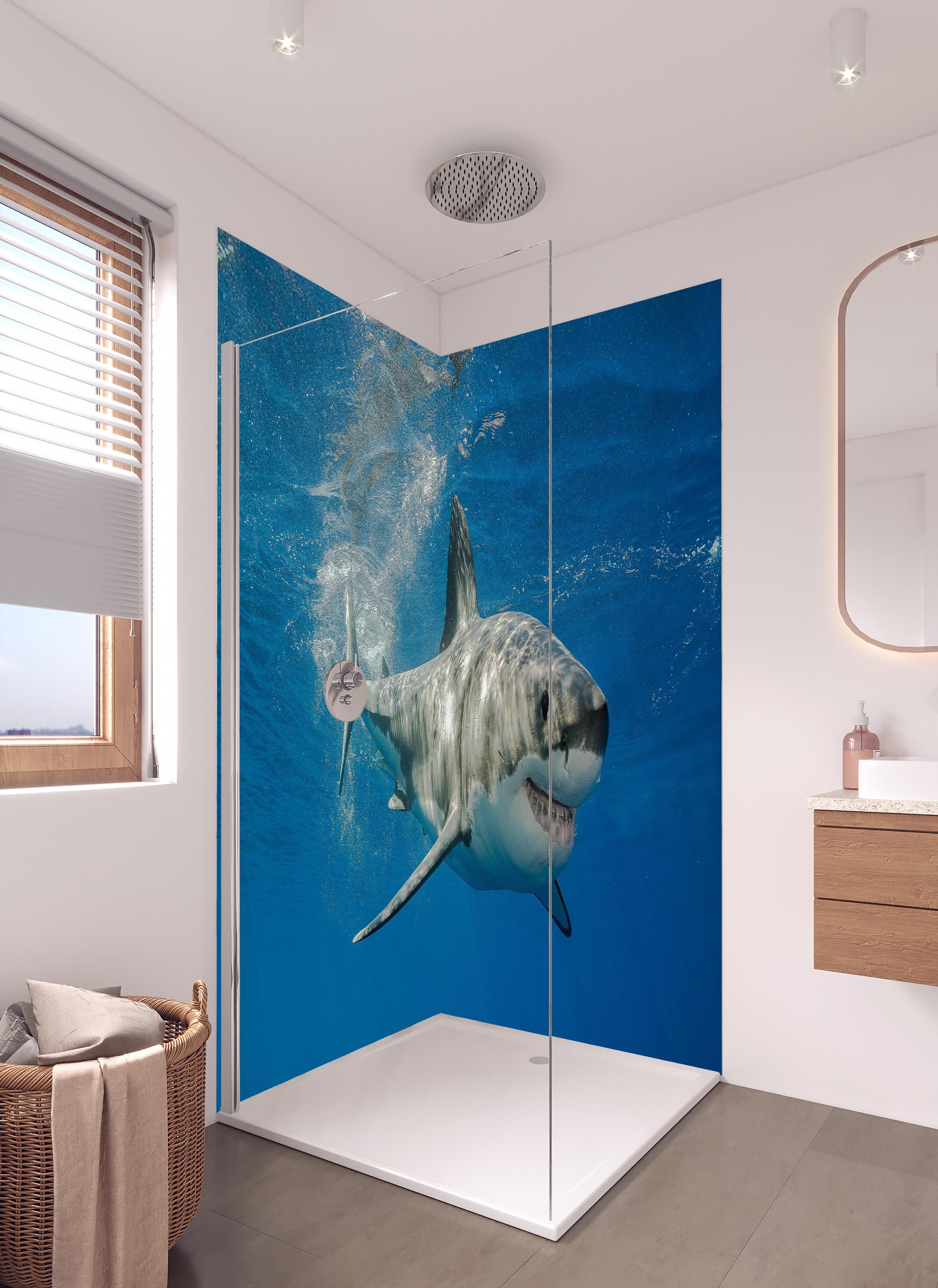 Duschrückwand - Weißer Hai in Unterwasseransicht in hellem Badezimmer mit Regenduschkopf - zweiteilige Eck-Duschrückwand