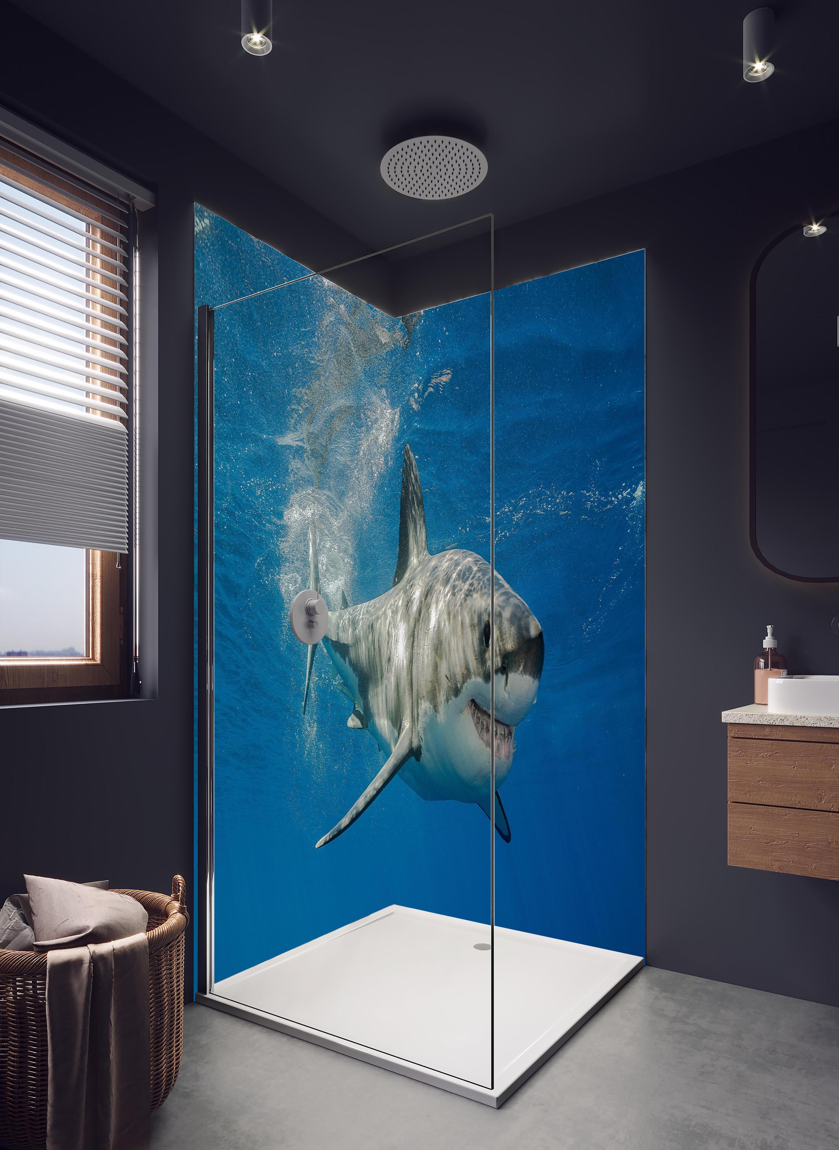 Duschrückwand - Weißer Hai in Unterwasseransicht in hellem Badezimmer mit Regenduschkopf - zweiteilige Eck-Duschrückwand