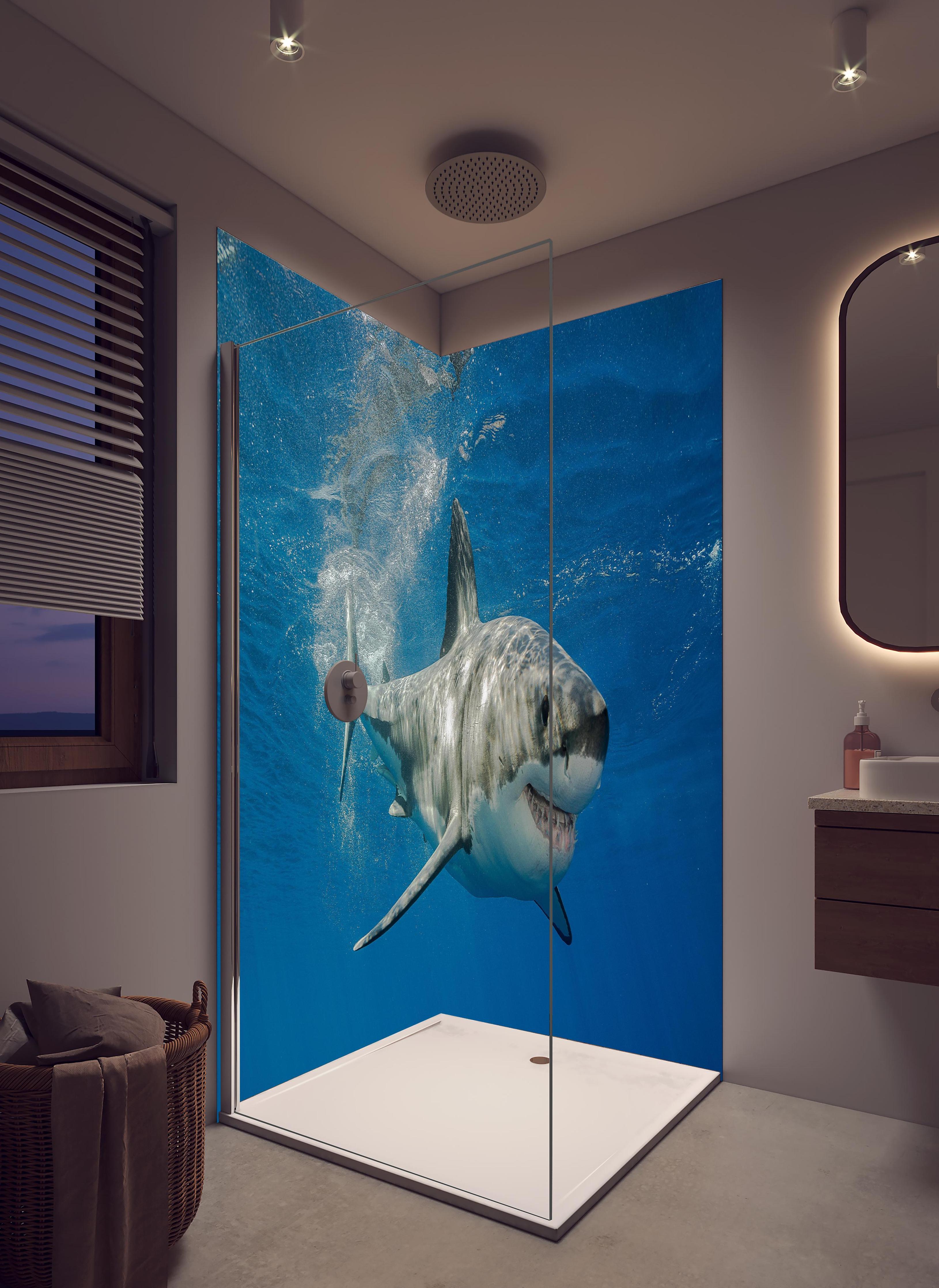 Duschrückwand - Weißer Hai in Unterwasseransicht in hellem Badezimmer mit Regenduschkopf - zweiteilige Eck-Duschrückwand