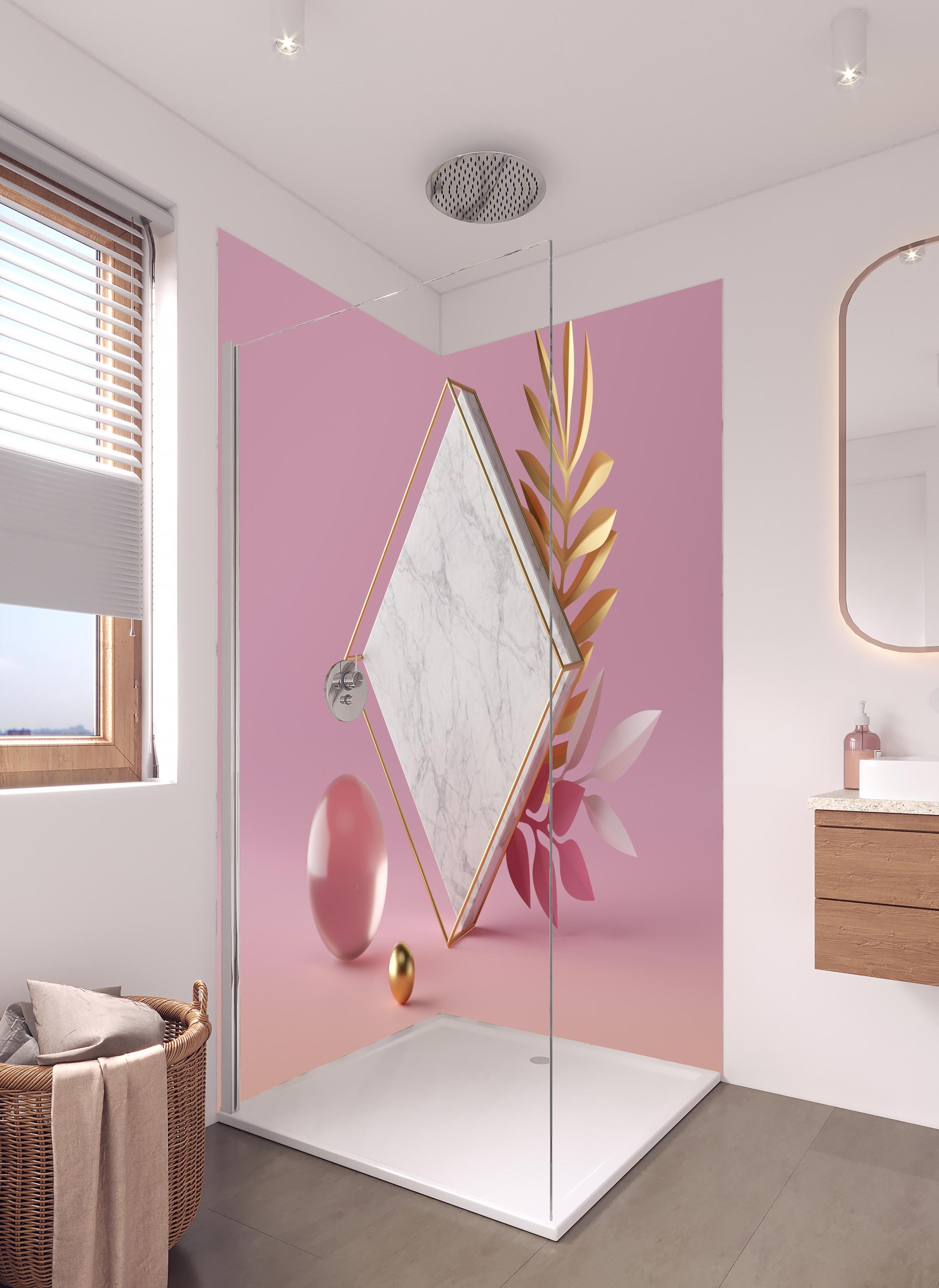 Duschrückwand - Weißer Marmor-Rhombus auf rosanem Hintergrund in hellem Badezimmer mit Regenduschkopf - zweiteilige Eck-Duschrückwand