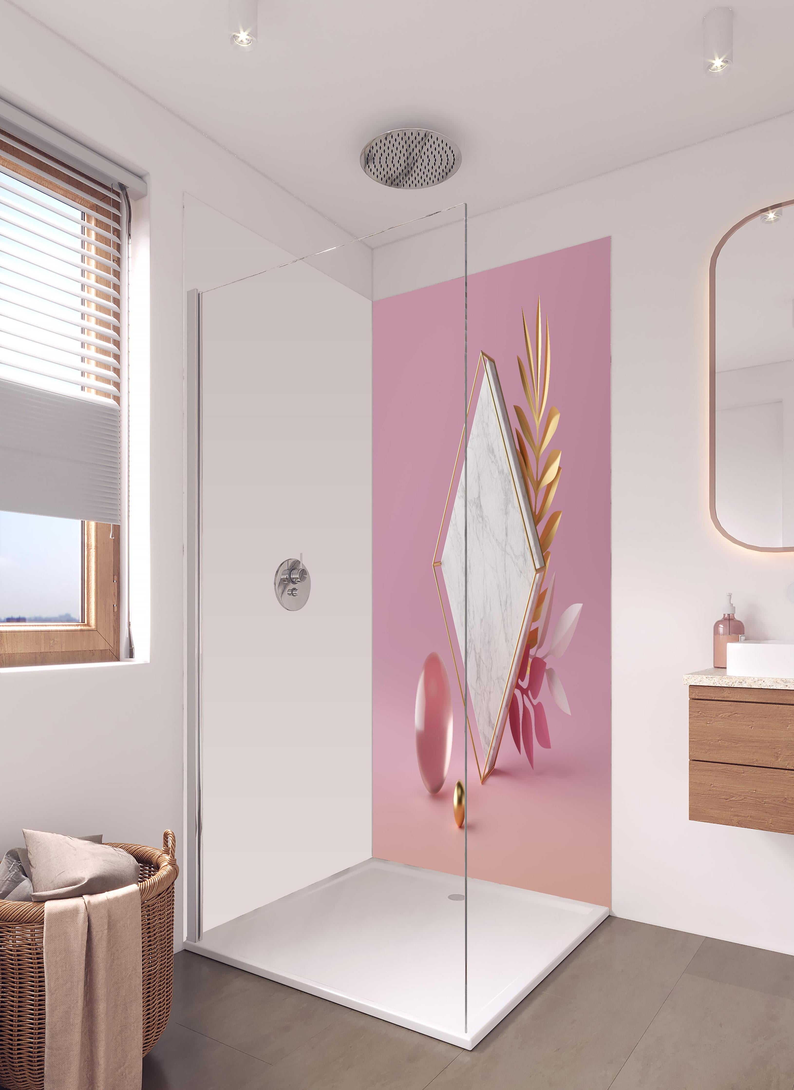 Duschrückwand - Weißer Marmor-Rhombus auf rosanem Hintergrund in hellem Badezimmer mit Regenduschkopf - zweiteilige Eck-Duschrückwand