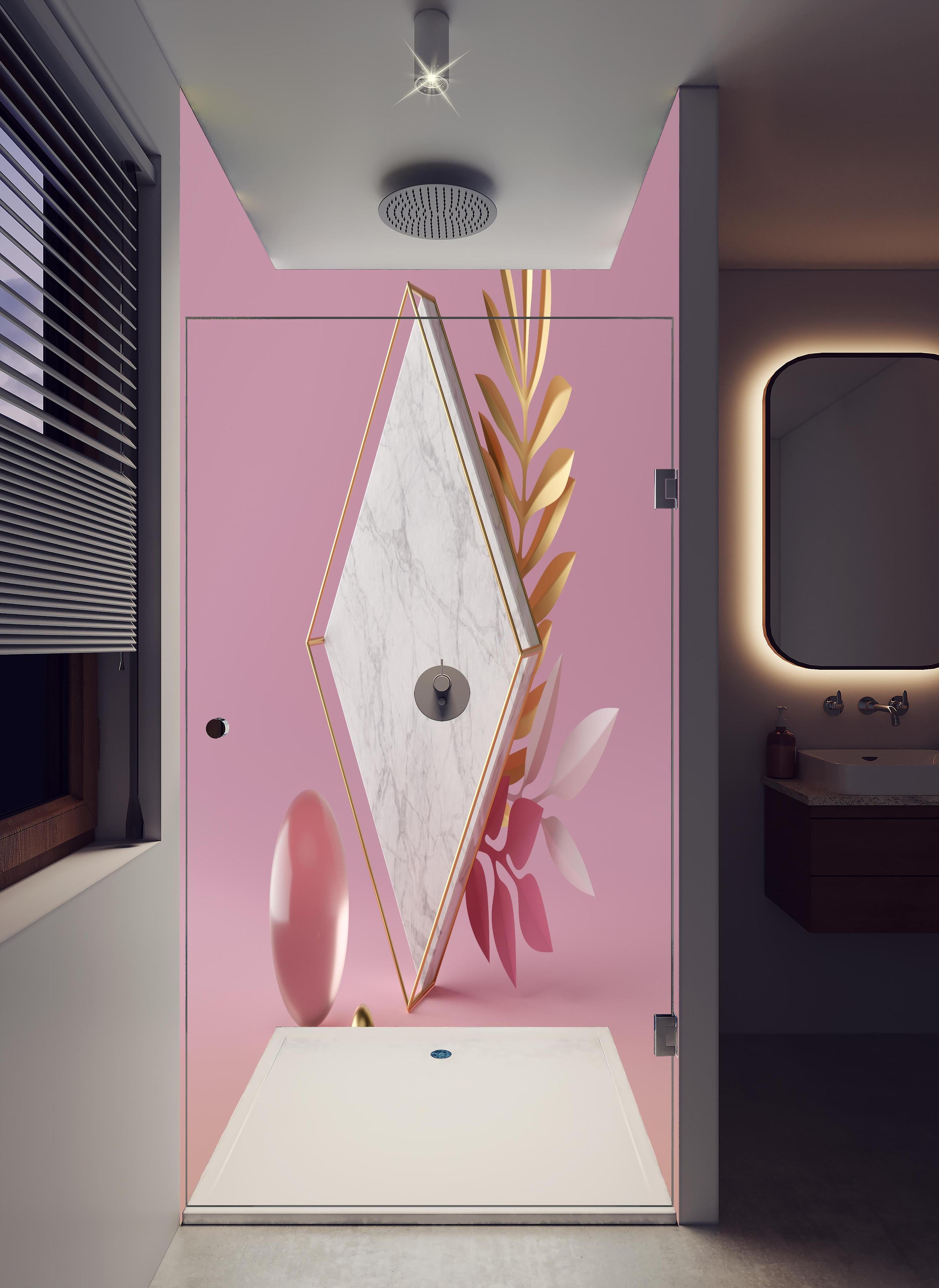 Duschrückwand - Weißer Marmor-Rhombus auf rosanem Hintergrund in hellem Badezimmer mit Regenduschkopf - zweiteilige Eck-Duschrückwand