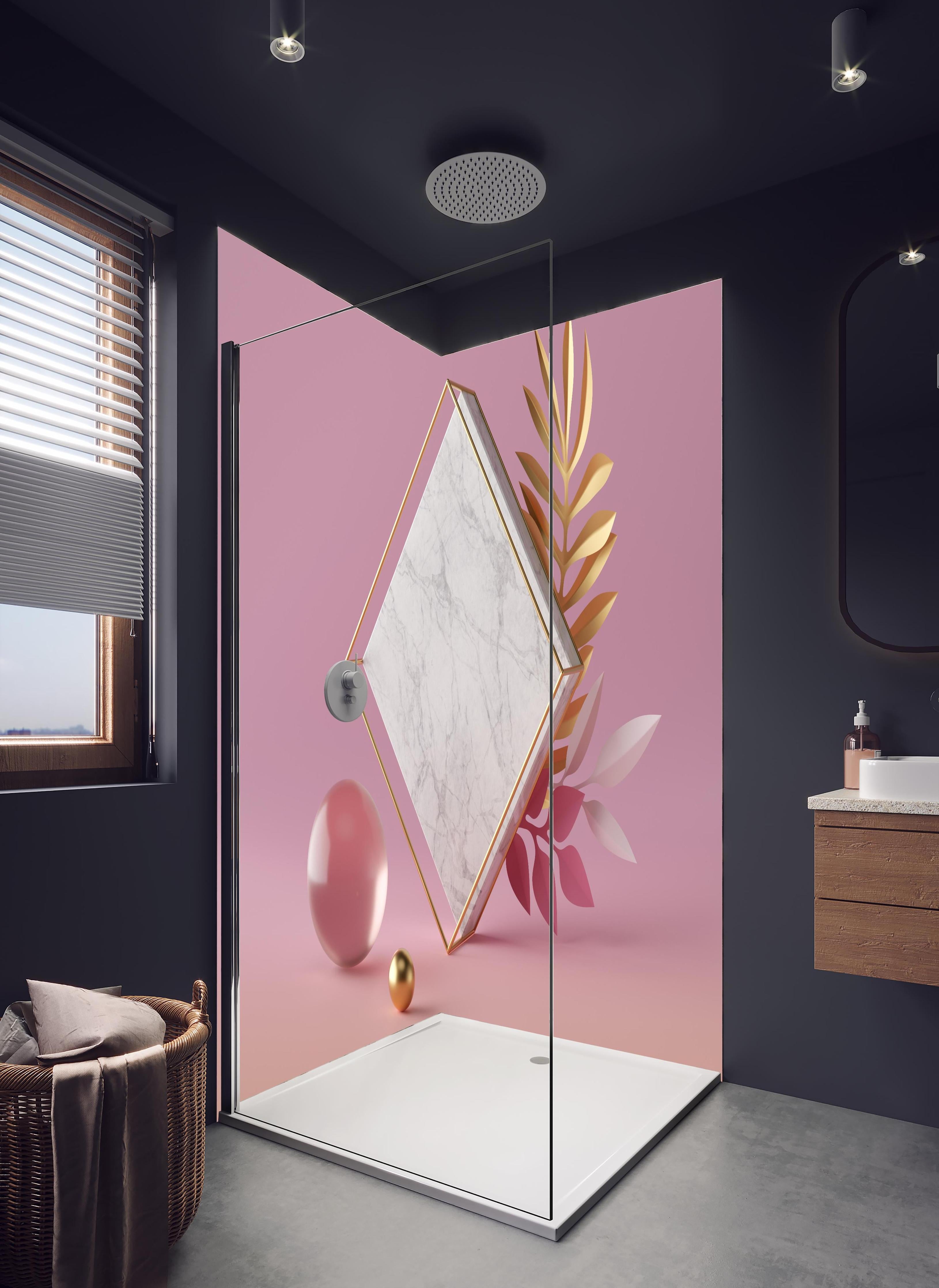 Duschrückwand - Weißer Marmor-Rhombus auf rosanem Hintergrund in hellem Badezimmer mit Regenduschkopf - zweiteilige Eck-Duschrückwand