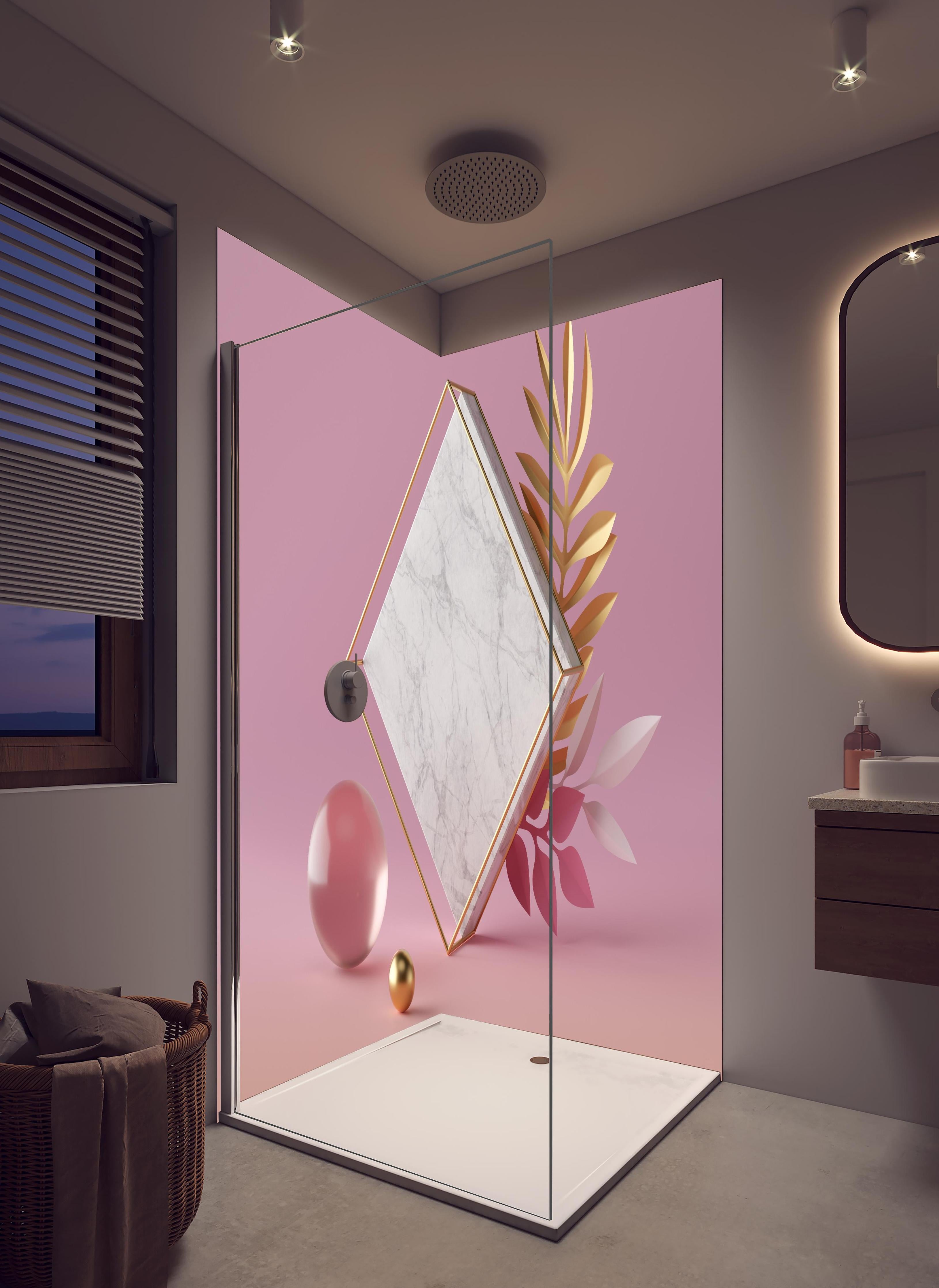 Duschrückwand - Weißer Marmor-Rhombus auf rosanem Hintergrund in hellem Badezimmer mit Regenduschkopf - zweiteilige Eck-Duschrückwand