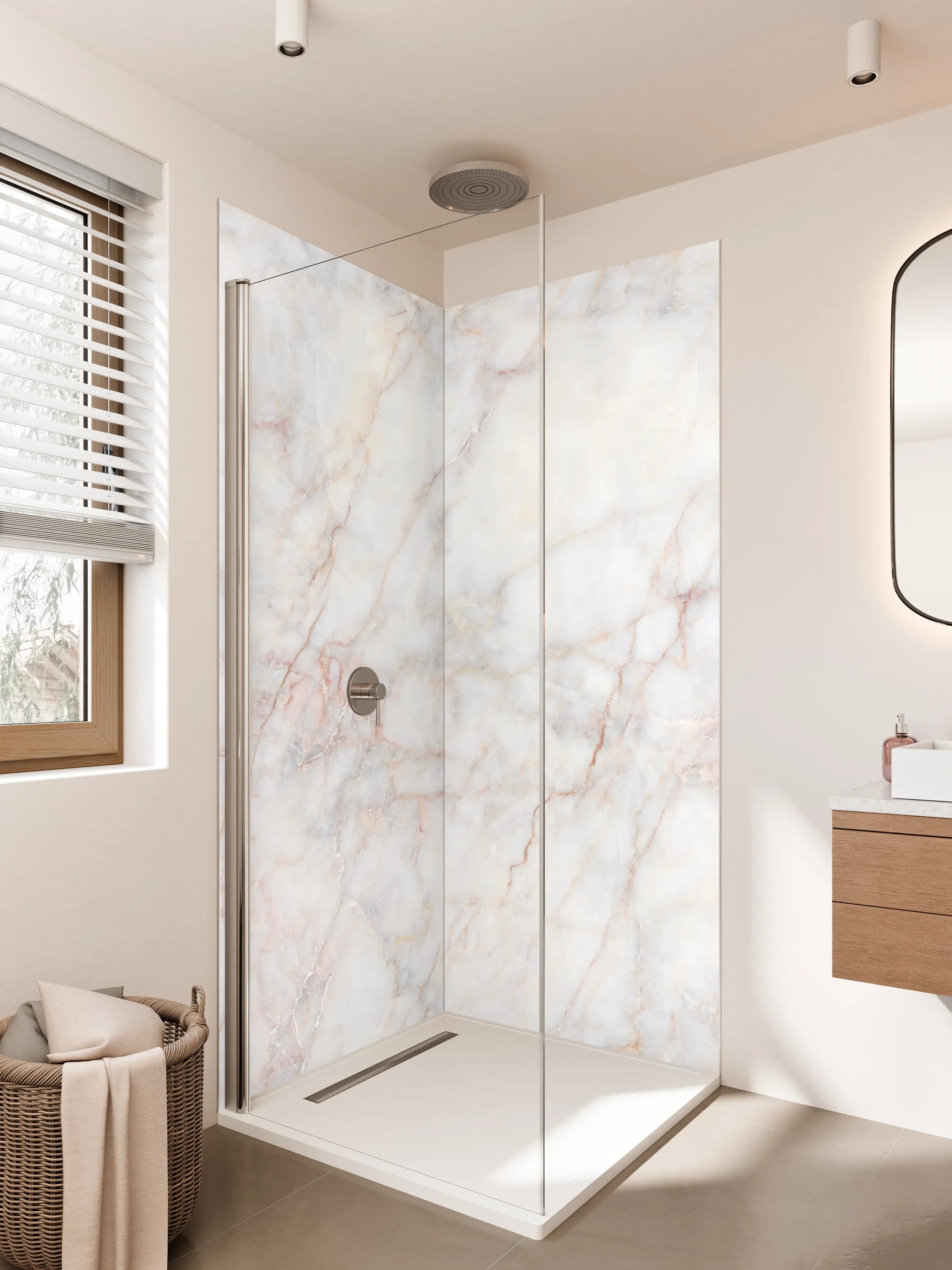 Duschrückwand - Weißer Marmor mit zarten Rosé- und Grautönen
